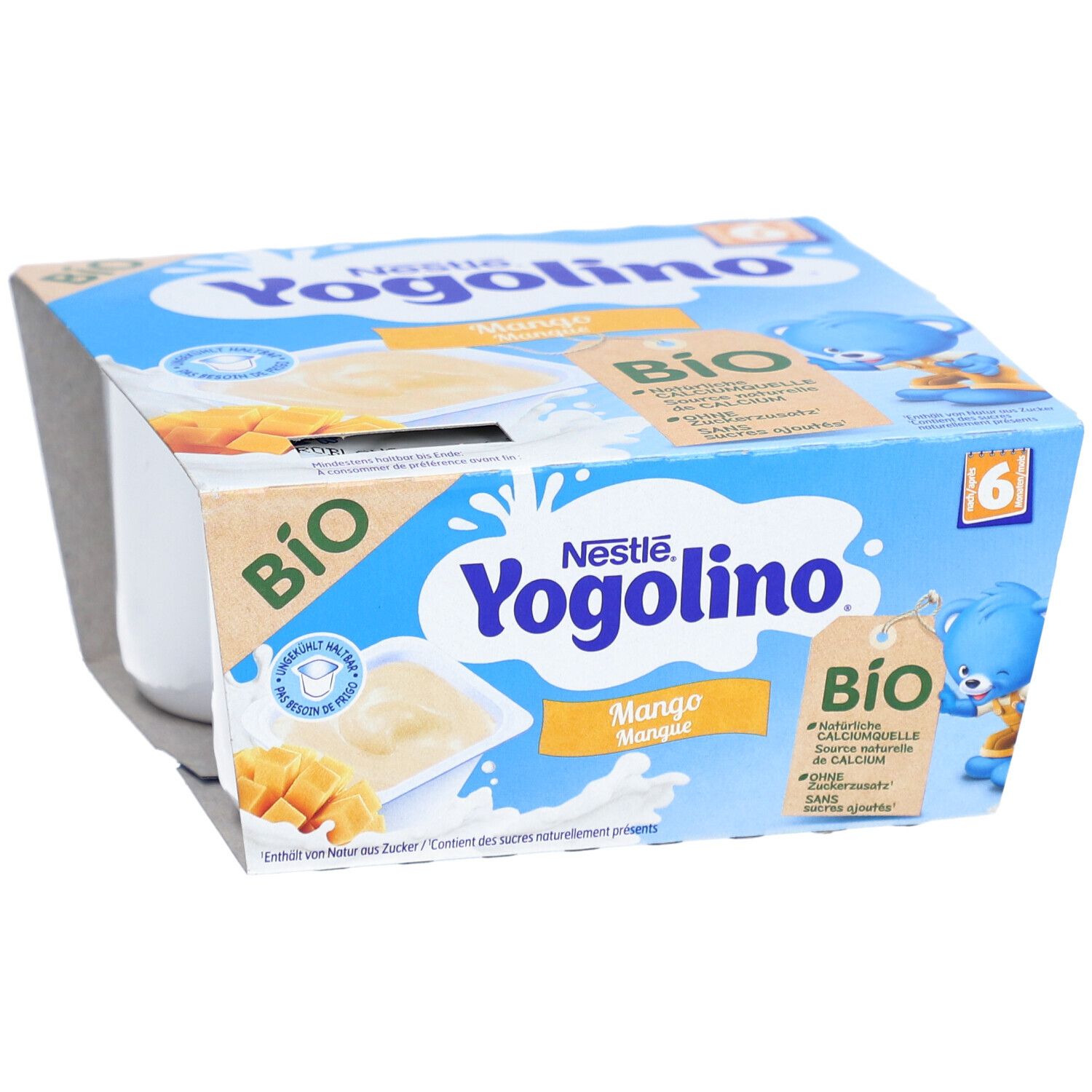 Verpackung mit vier Bechern Nestlé Yogolino Bio Mangue. Blaue Verpackung mit Produktlogo und Bio-Siegel. Mangostücke abgebildet.