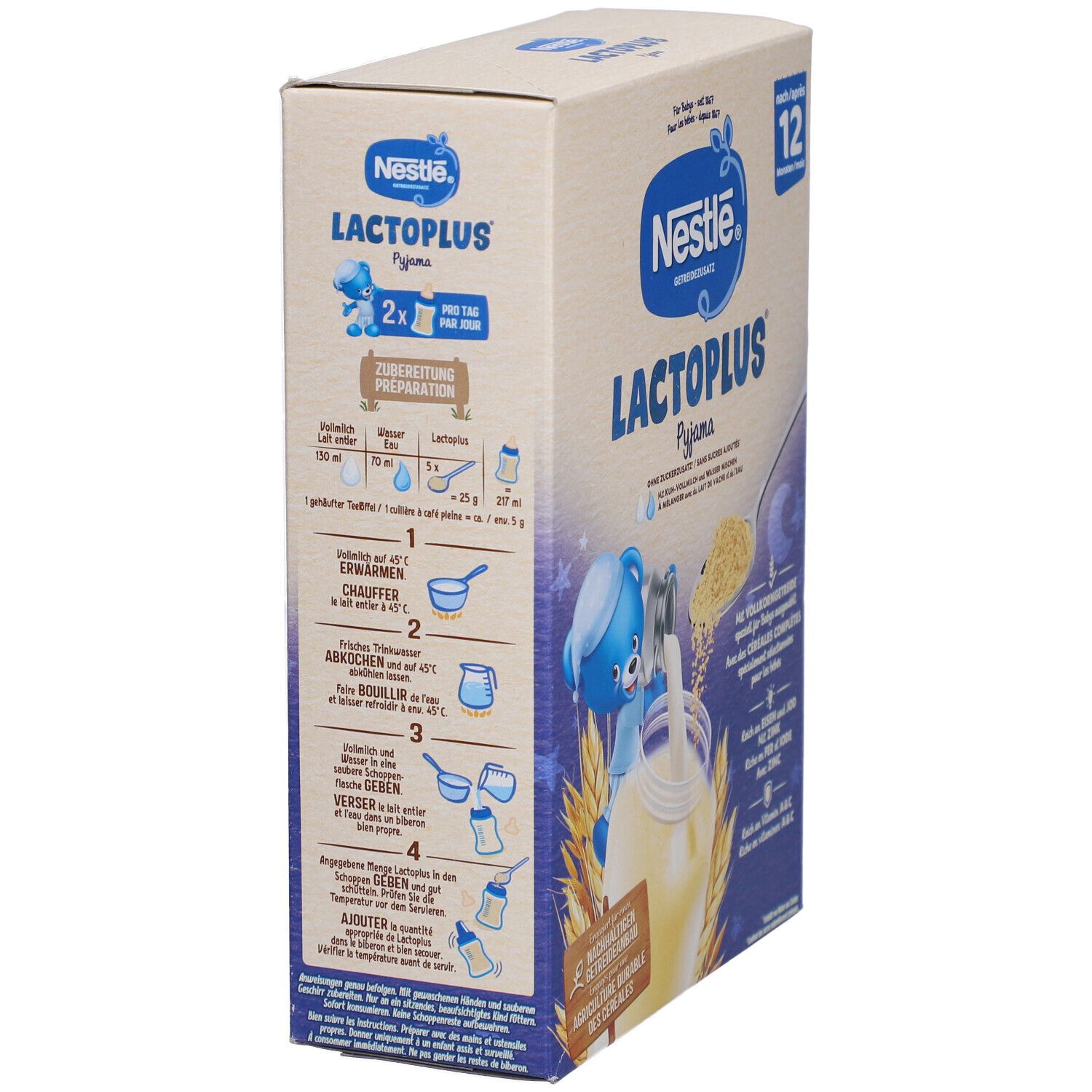 Nestlé Lactoplus Pyjama-Packung, Seitenansicht. Zeigt Zubereitungshinweise und Produktinformationen.