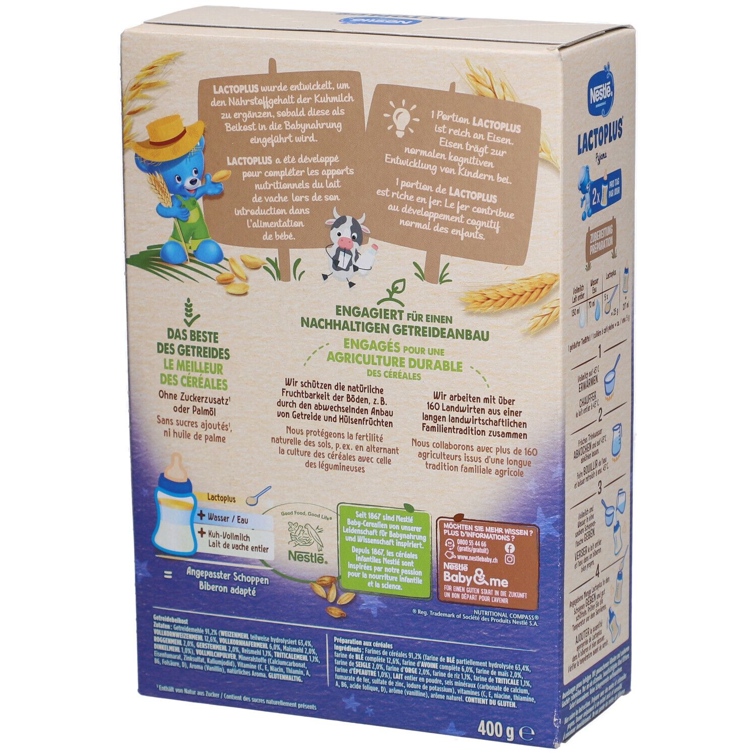 Rückseite der Nestlé Lactoplus Pyjama-Packung. Enthält Produktinformationen, Illustrationen und Text.
