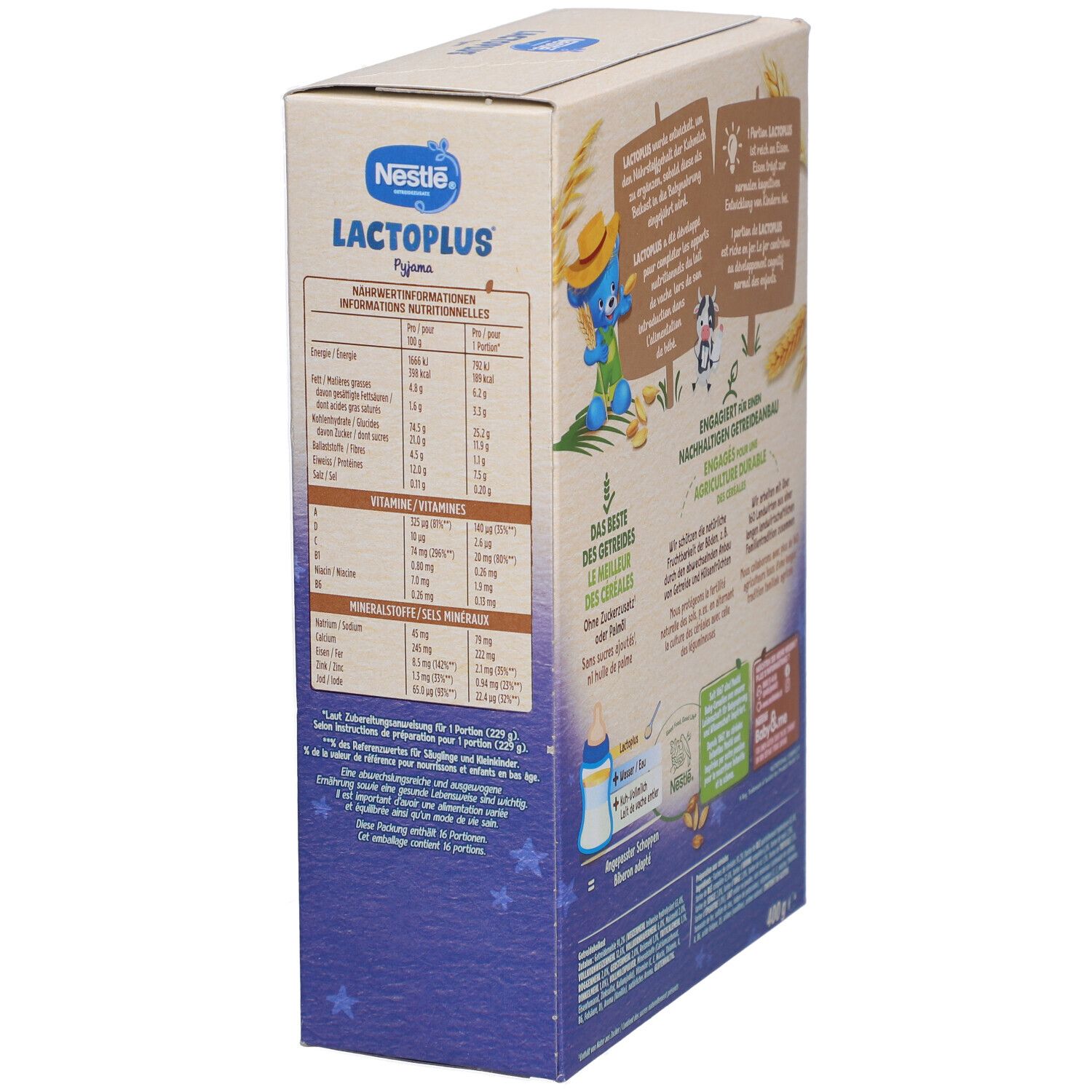 Nestlé Lactoplus Pyjama-Packung, Seitenansicht mit Nährwertangaben und Produktinformationen.