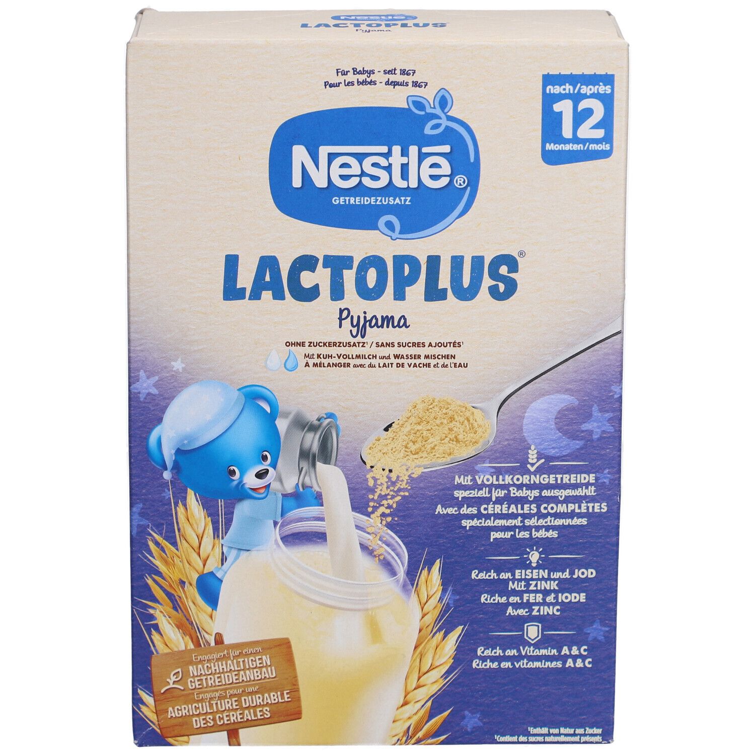 Nestlé Lactoplus Pyjama-Packung. Zeigt Produkt und Zubereitung mit blauem Bären.