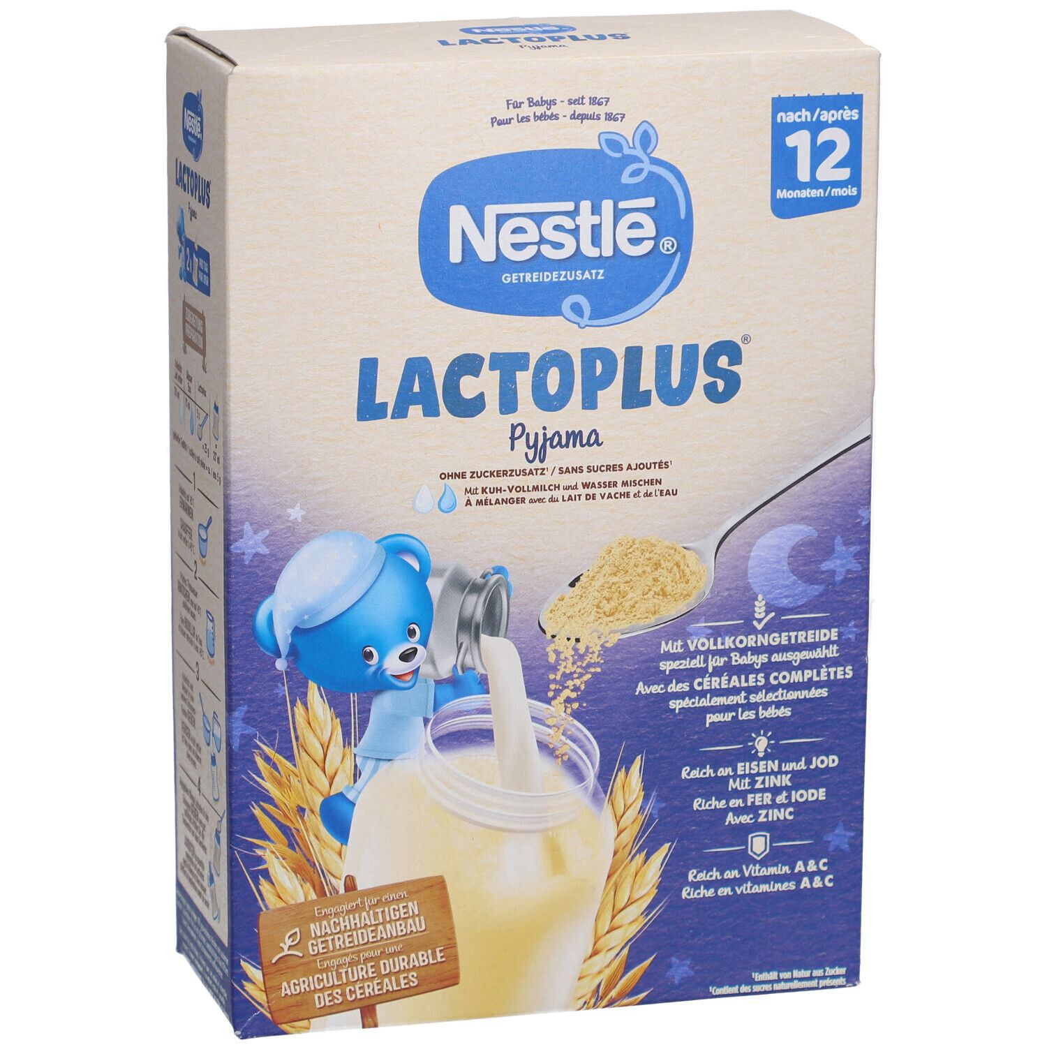 Nestlé Lactoplus Pyjama-Packung. Zeigt Produkt und Zubereitung mit blauem Bären.