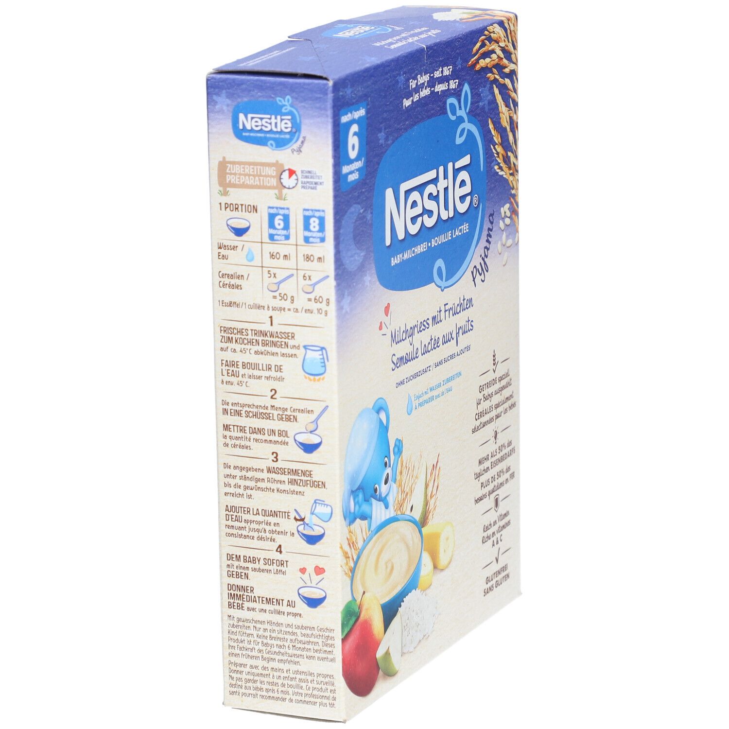 Nestlé Baby-Milchbrei-Packung, Seitenansicht. Milchgrieß mit Früchten. Anweisungen zur Zubereitung. Illustrationen von Obst.