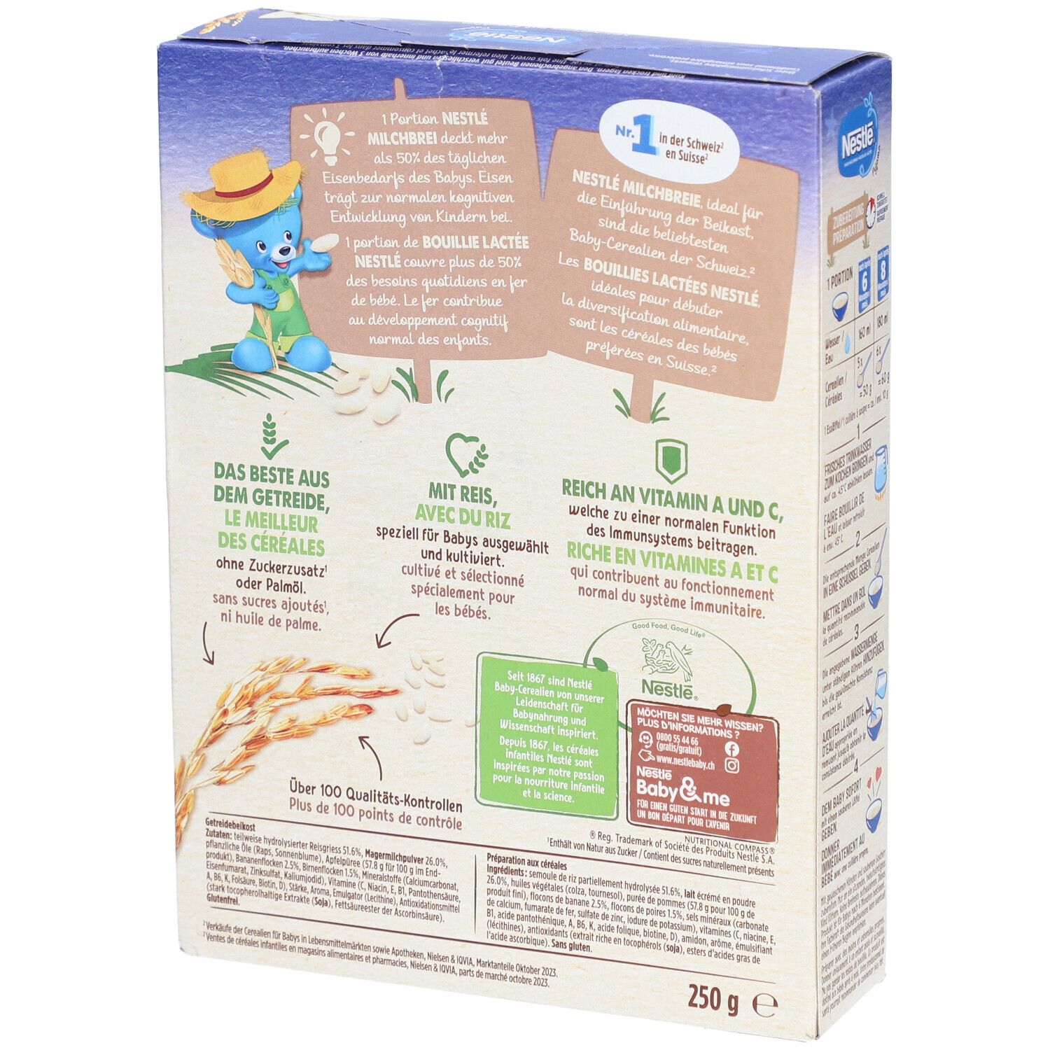 Rückseite der Nestlé Baby-Milchbrei-Packung. Milchgrieß mit Früchten. Informationen über Getreide und Vitamine. 250g.