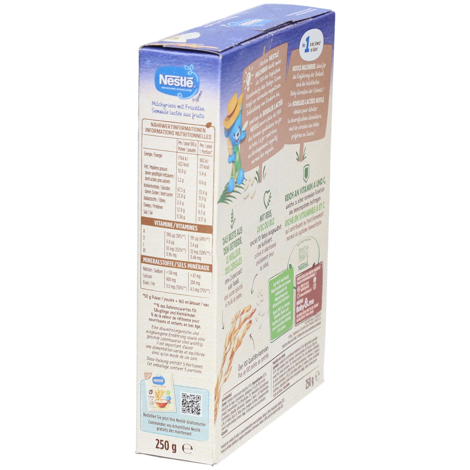 Seitenansicht der Nestlé Baby-Milchbrei-Packung. Milchgrieß mit Früchten. Nährwertangaben. 250g.