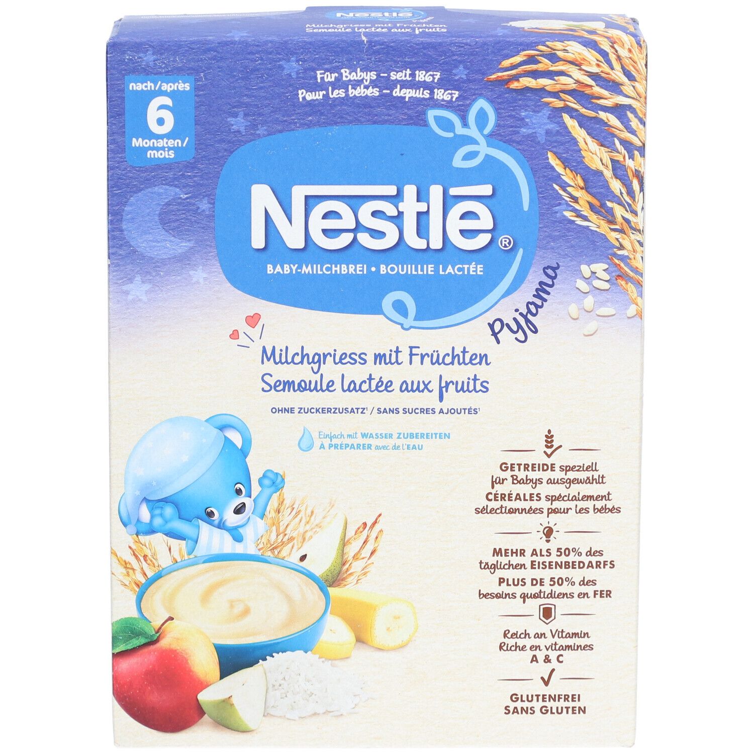 Nestlé Baby-Milchbrei-Packung. Milchgrieß mit Früchten. Enthält Illustrationen von Obst und einem Bären. Glutenfrei.