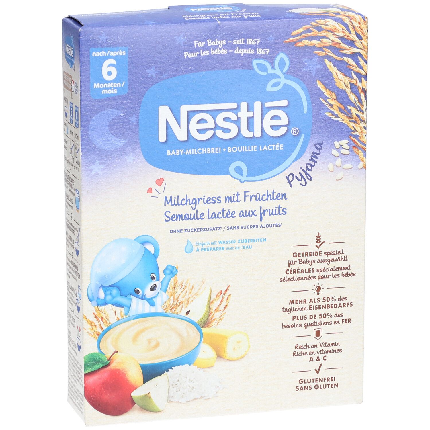 Nestlé Baby-Milchbrei-Packung. Milchgrieß mit Früchten. Enthält Illustrationen von Obst und einem Bären. Glutenfrei.