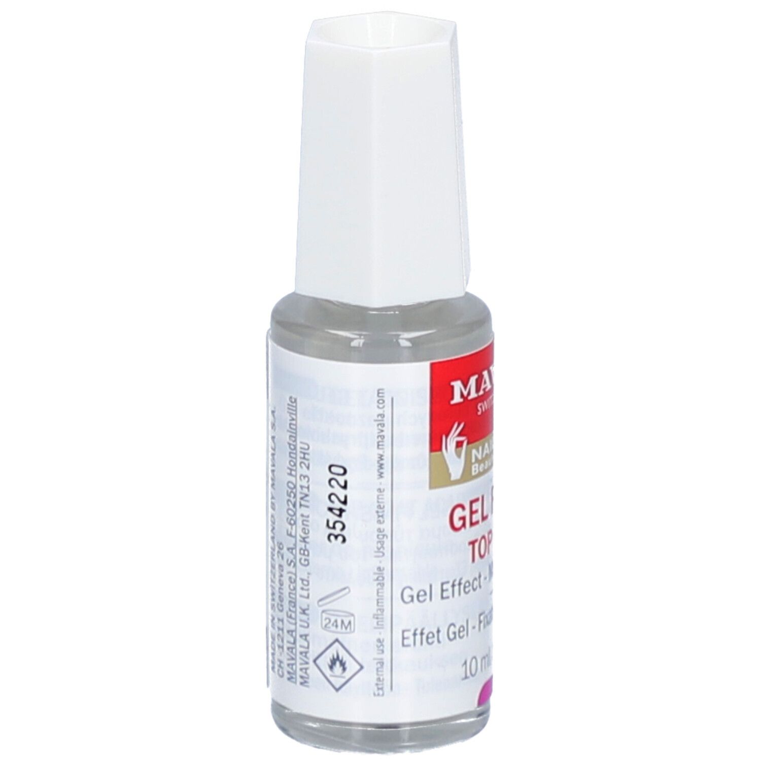 Klare Flasche mit weißem Deckel. Aufschrift: MAVALA, GEL FINISH TOP COAT. 10 ml. Rückseite mit Text.