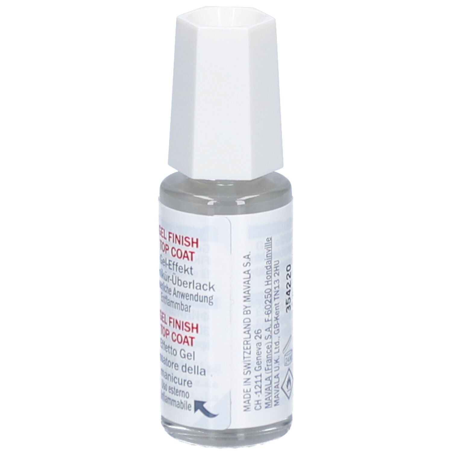 Klare Flasche mit weißem Deckel. Aufschrift: MAVALA, GEL FINISH TOP COAT. 10 ml. Rückseite mit Text.