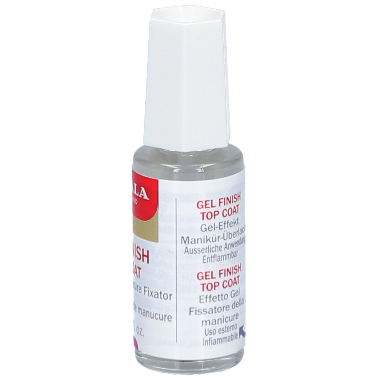 Klare Flasche mit weißem Deckel. Aufschrift: MAVALA, GEL FINISH TOP COAT. 10 ml. Rückseite mit Text.