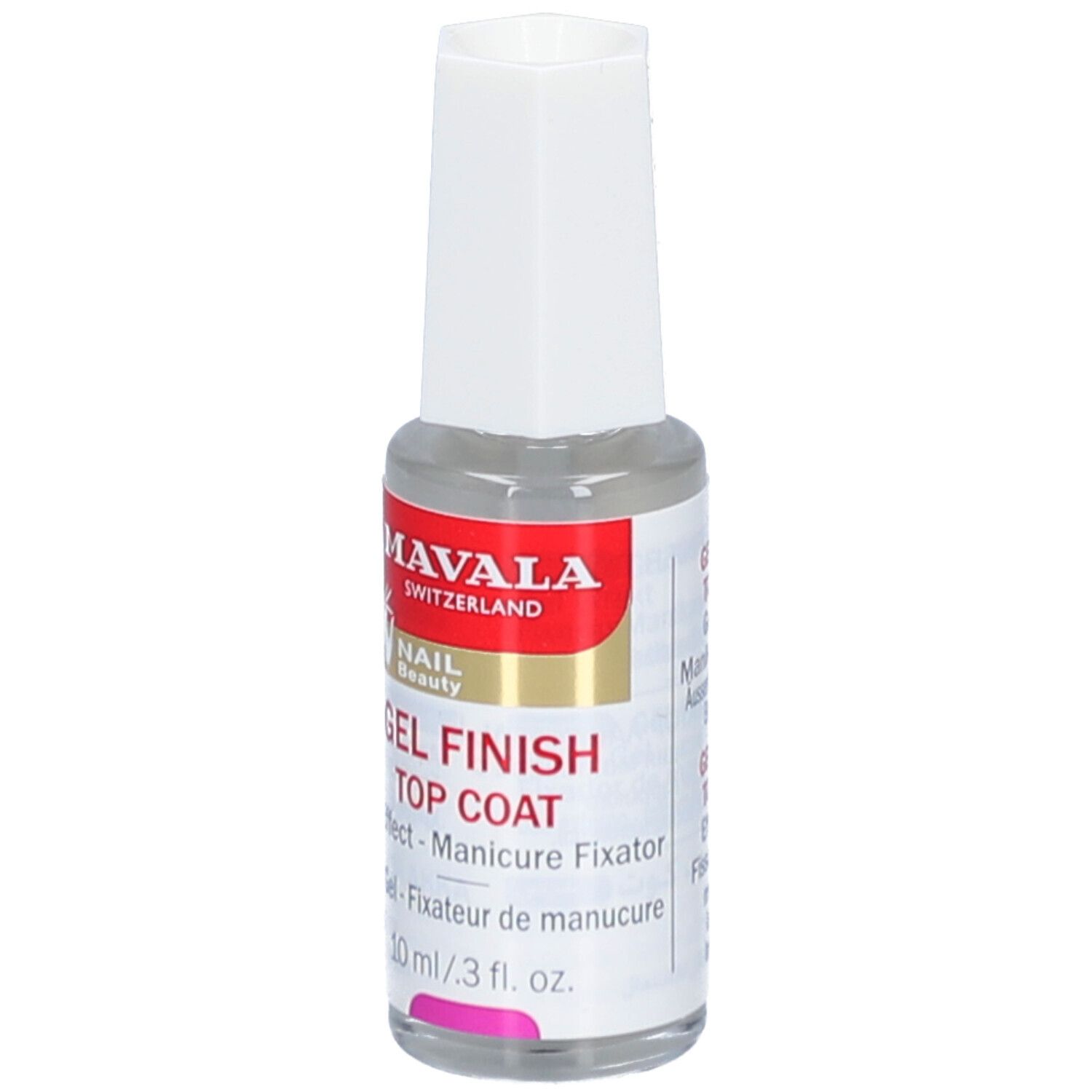 Klare Flasche mit weißem Deckel. Aufschrift: MAVALA, GEL FINISH TOP COAT. 10 ml.