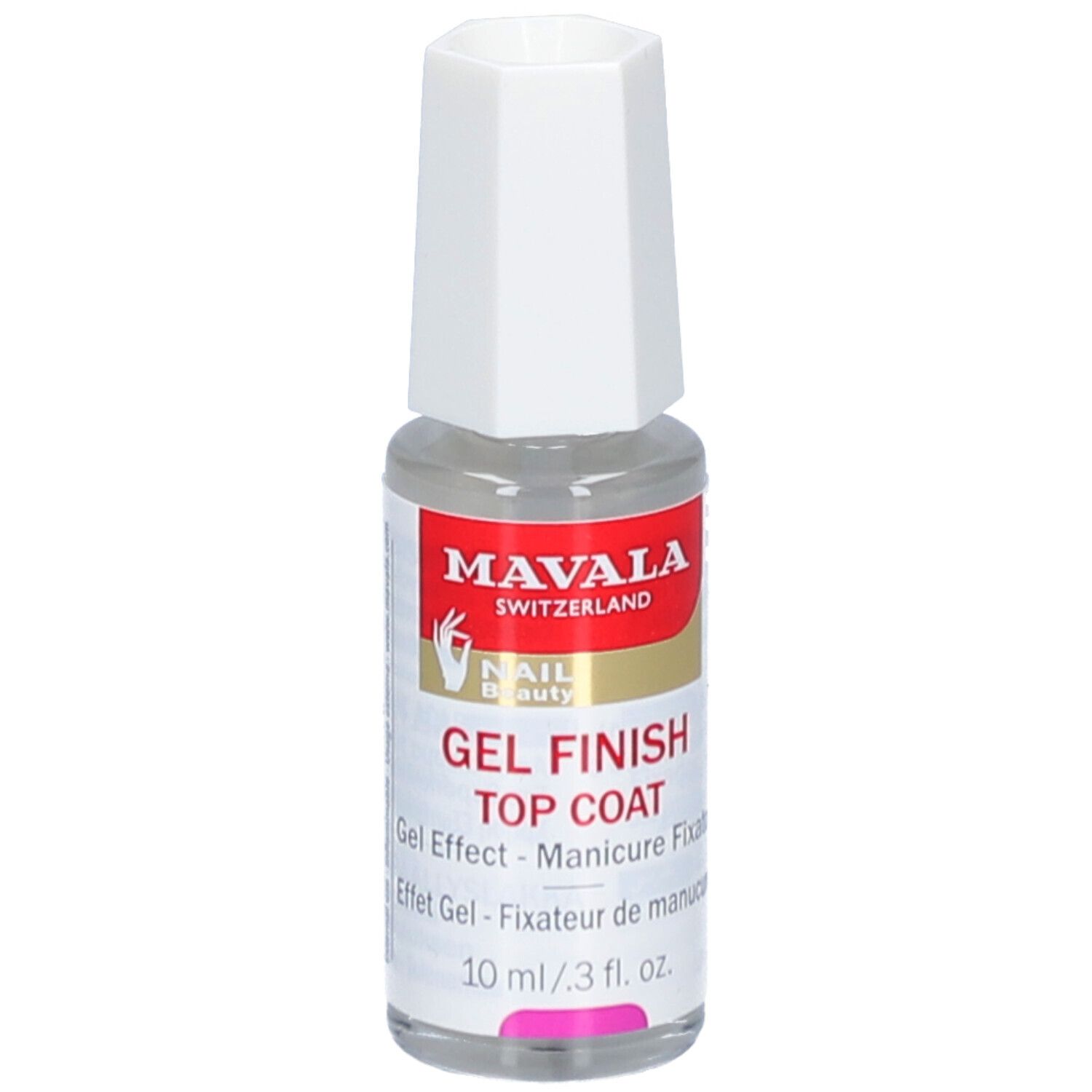 Klare Flasche mit weißem Deckel. Aufschrift: MAVALA, GEL FINISH TOP COAT. 10 ml.