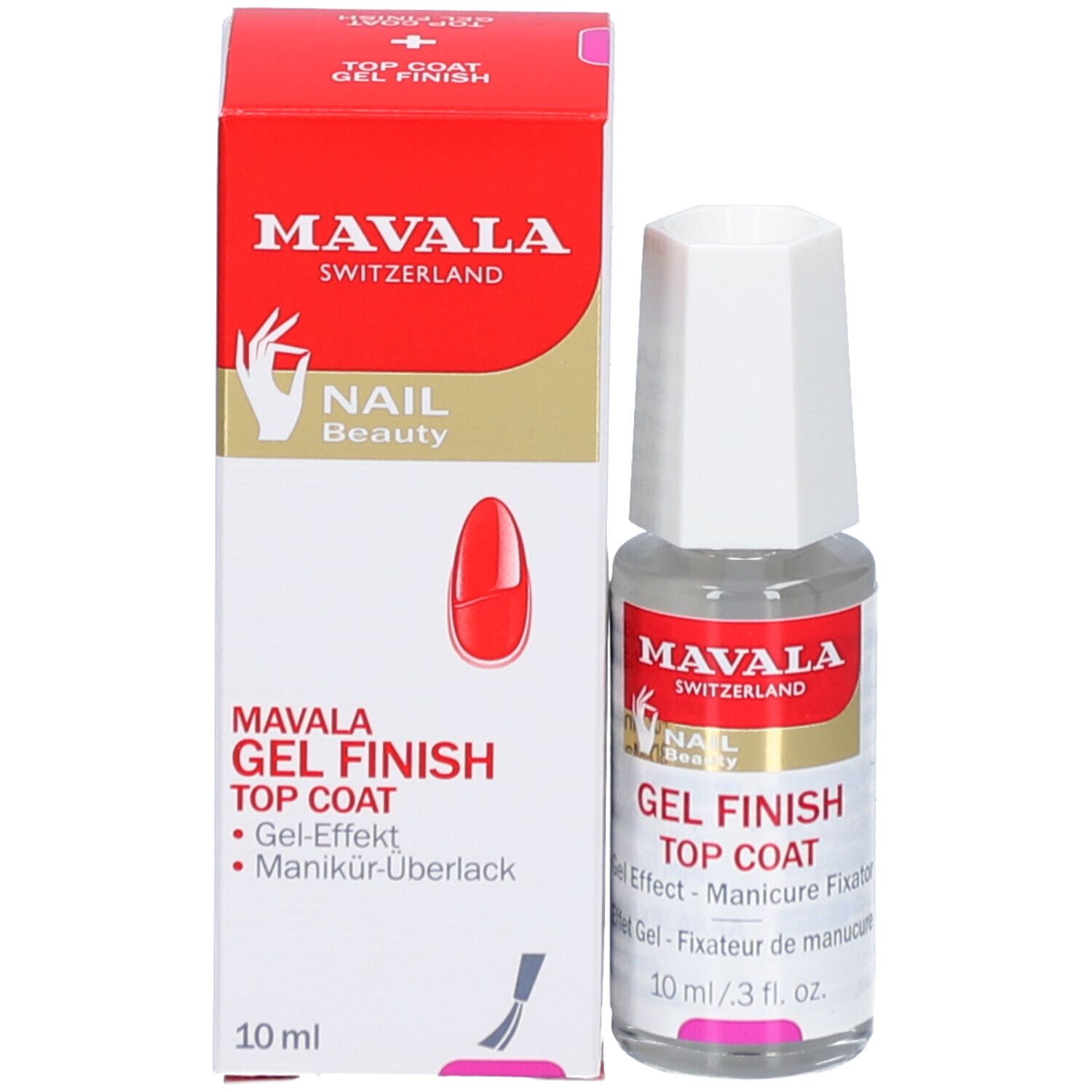 Produkt und Verpackung. Aufschrift: MAVALA GEL FINISH TOP COAT. 10 ml. Rote Verpackung.