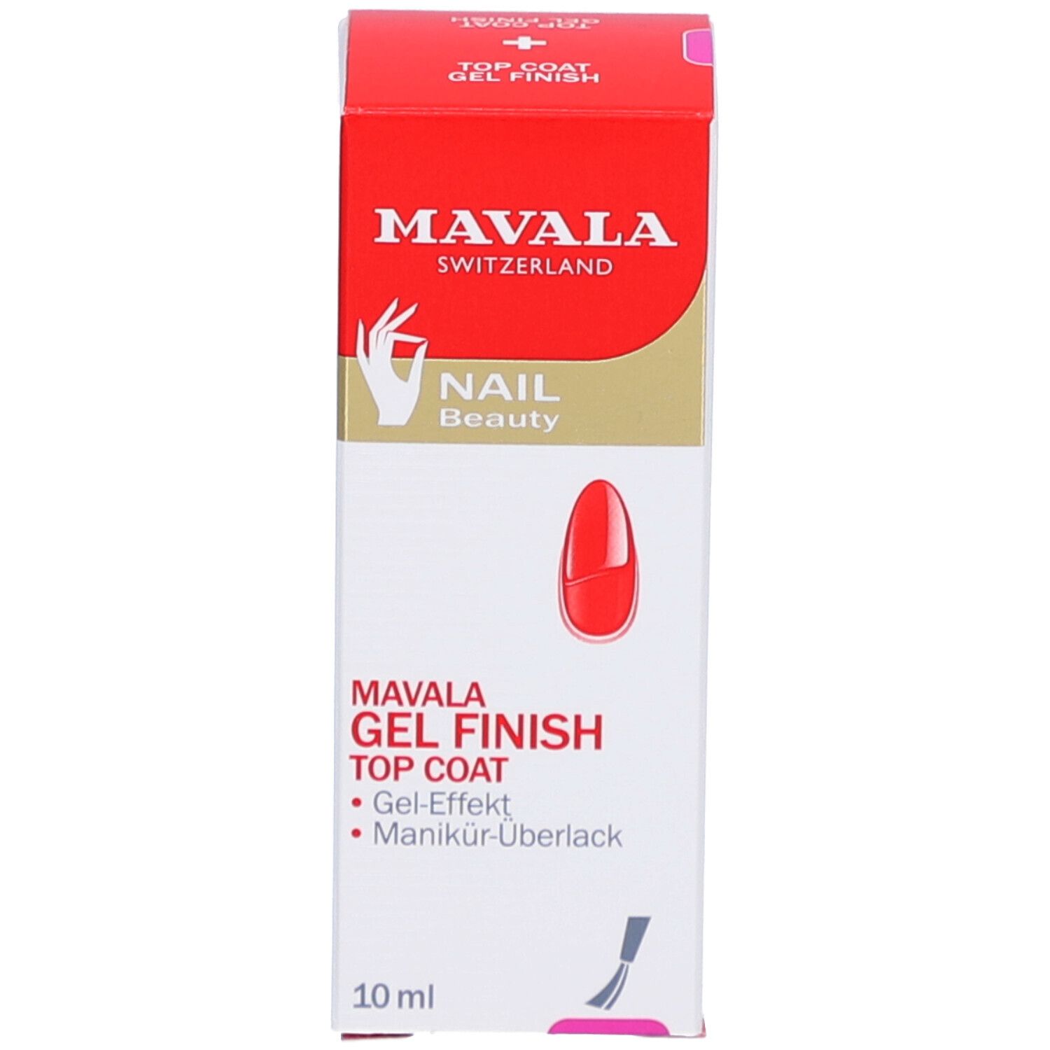 Rote Verpackung. Aufschrift: MAVALA GEL FINISH TOP COAT. 10 ml. Produkt nicht sichtbar.