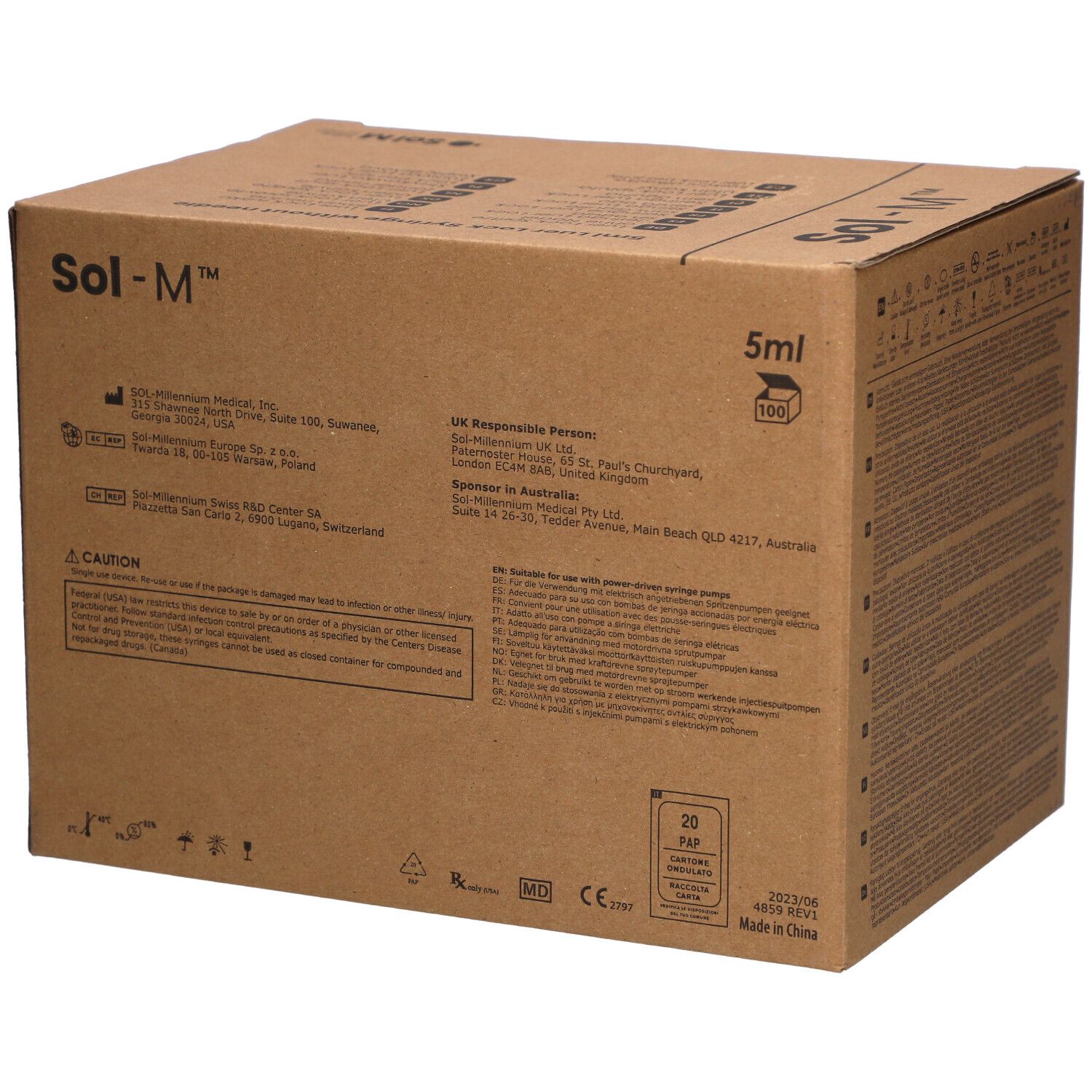 Karton mit Sol-M® Spritzen. Auf der Seite Text und Symbole. Produktinformationen auf einem Etikett.
