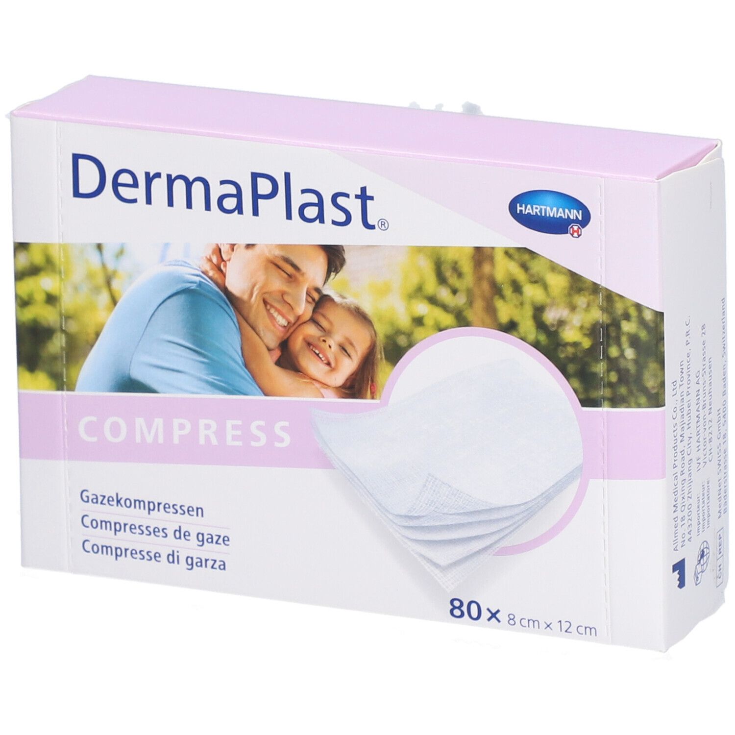 Verpackung von Dermaplast Mullkompressen. Enthält 80 Stück, 8 x 12 cm. Marke und Logo sichtbar.