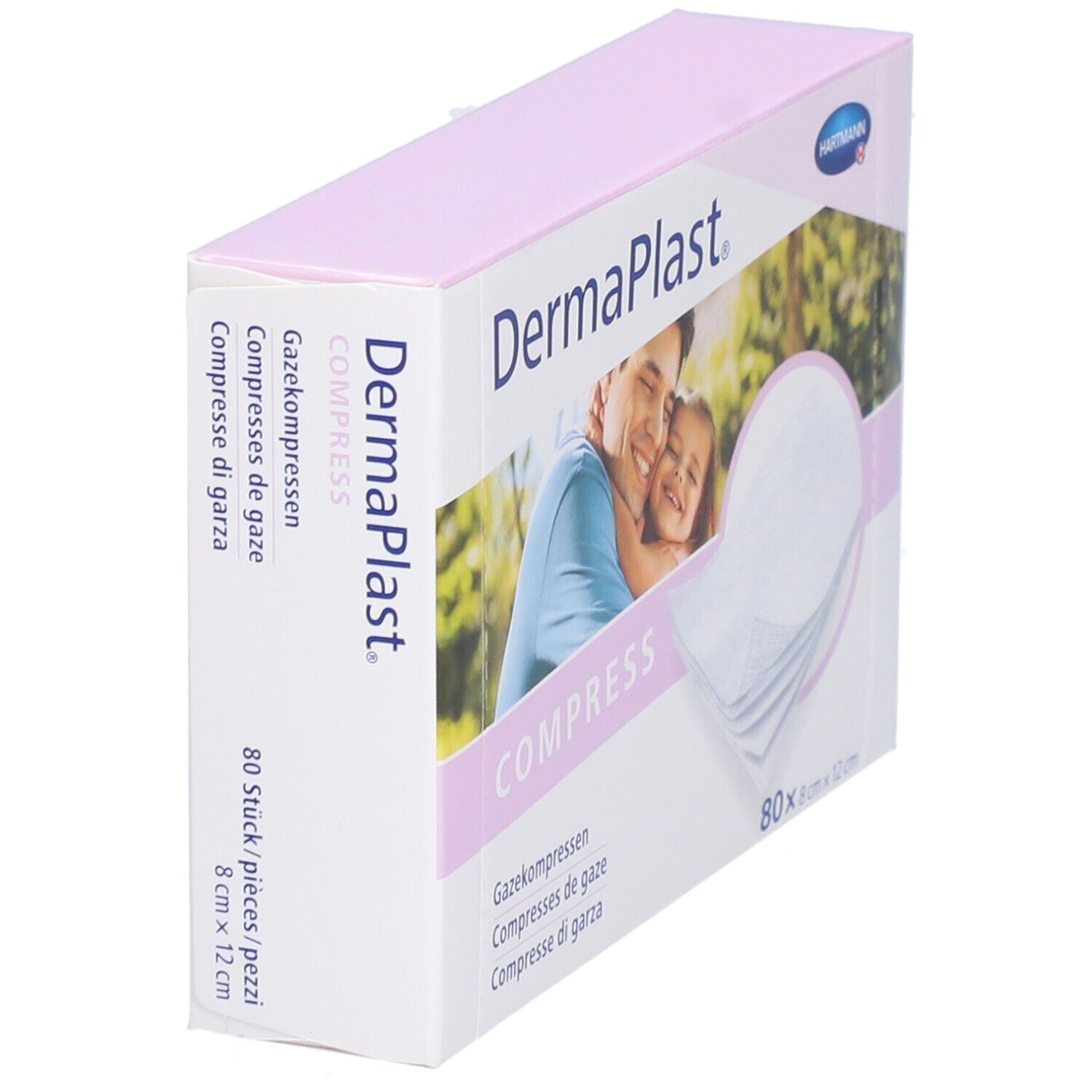 Schräg gestellte Verpackung von Dermaplast Mullkompressen. Enthält 80 Stück, 8 x 12 cm. Marke und Logo sichtbar.