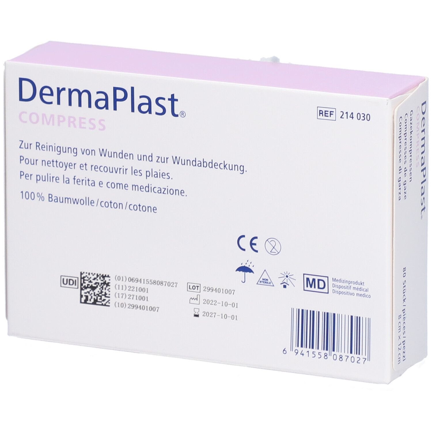 Rückseite der Dermaplast Mullkompressen-Verpackung. Informationen zu Inhaltsstoffen, CE-Kennzeichnung und Hersteller.