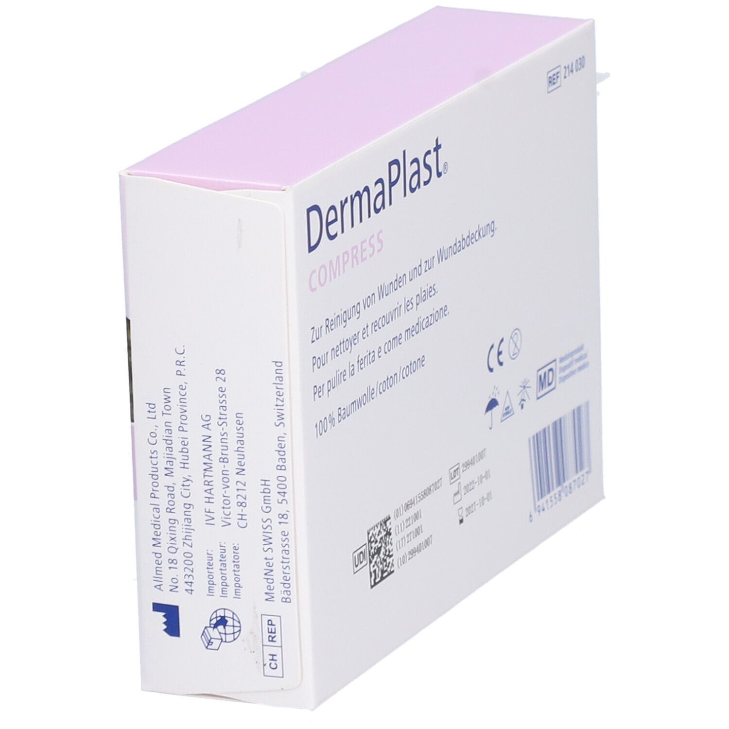 Seitenansicht der Dermaplast Mullkompressen-Verpackung. Herstellerinformationen und CE-Kennzeichnung.
