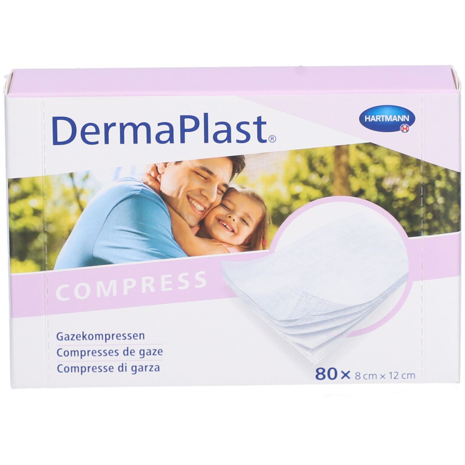 Verpackung von Dermaplast Mullkompressen. Enthält 80 Stück, 8 x 12 cm. Marke und Logo sichtbar.