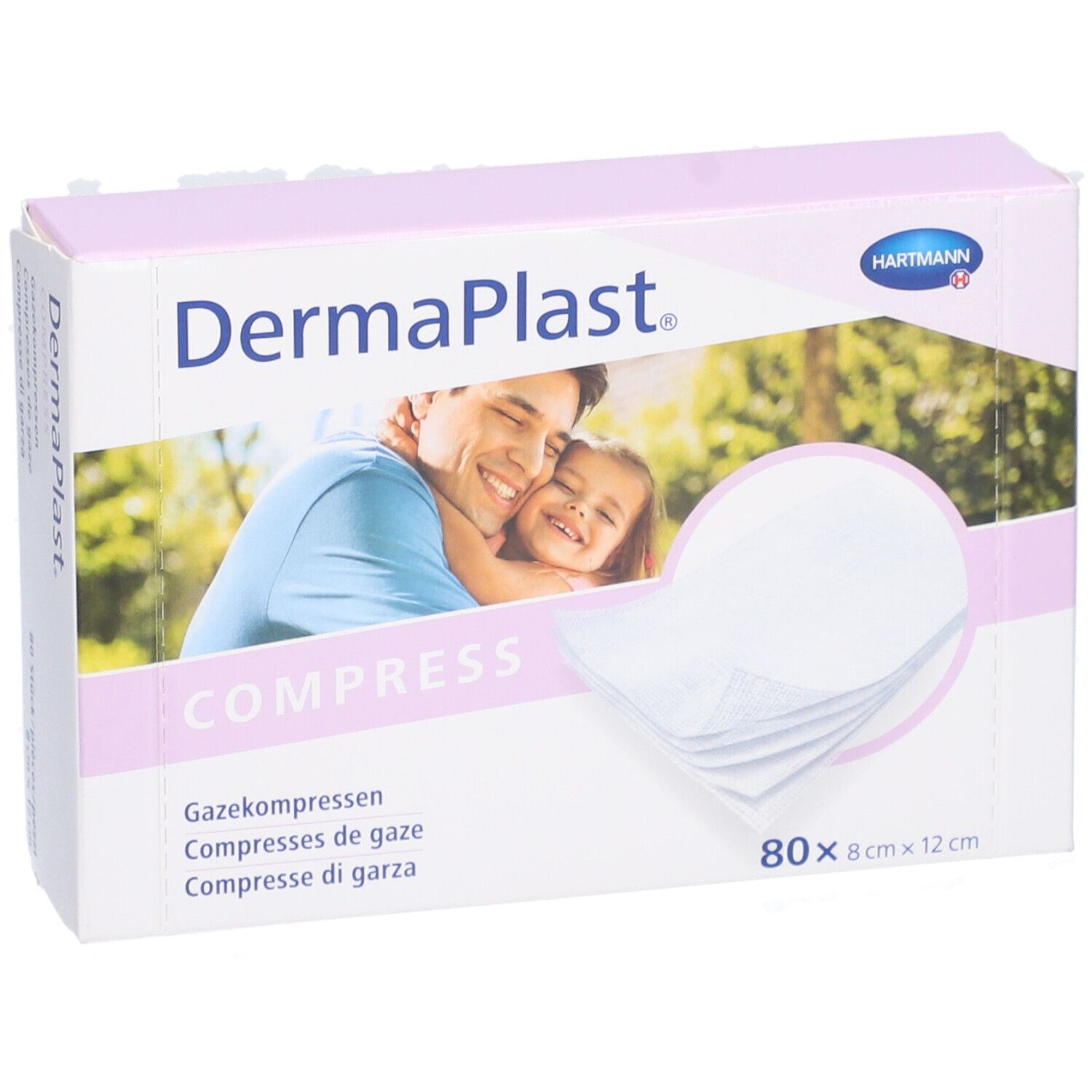 Verpackung von Dermaplast Mullkompressen. Enthält 80 Stück, 8 x 12 cm. Marke und Logo sichtbar.