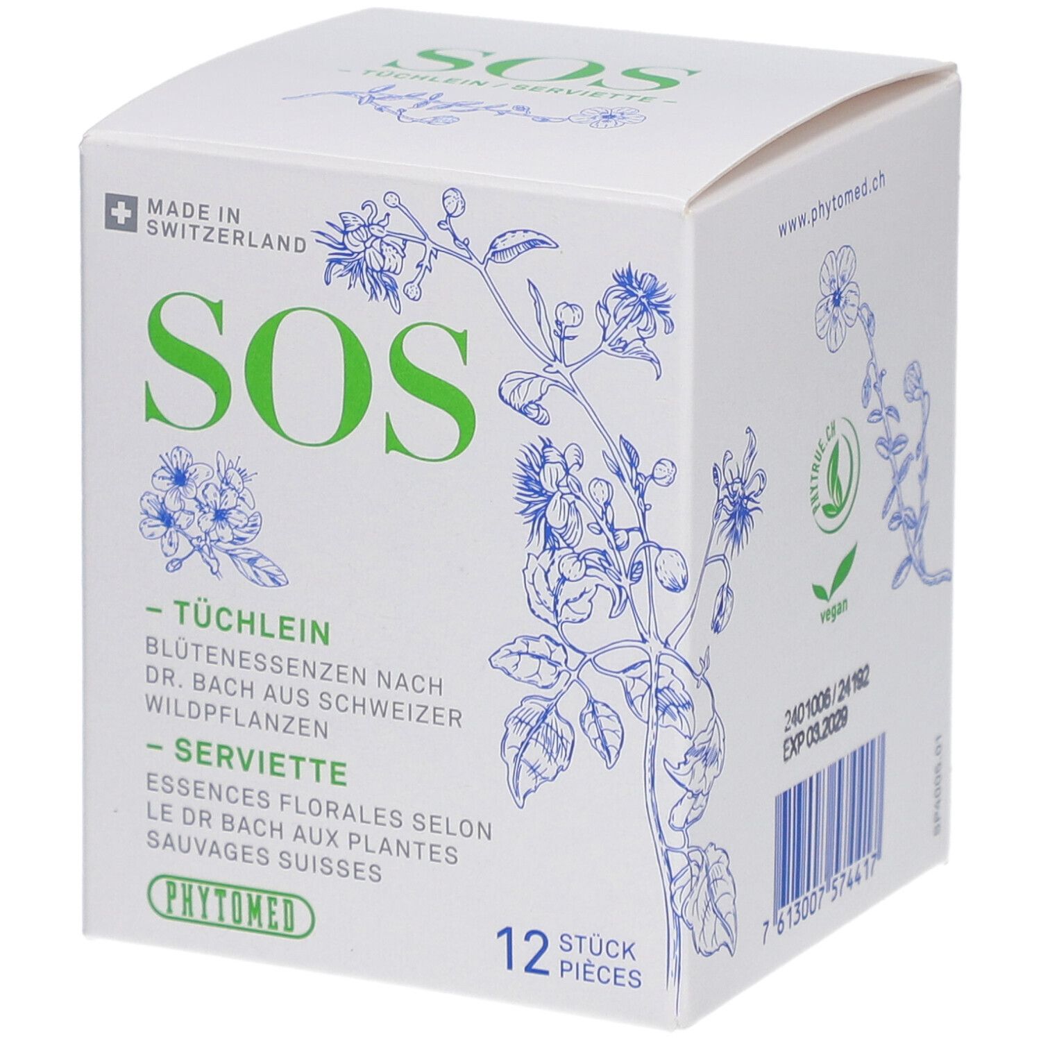 Weiße Schachtel mit grüner Aufschrift SOS. Blütenessenzen-Servietten. Schweizer Kreuz. 12 Stück. Phytomed.