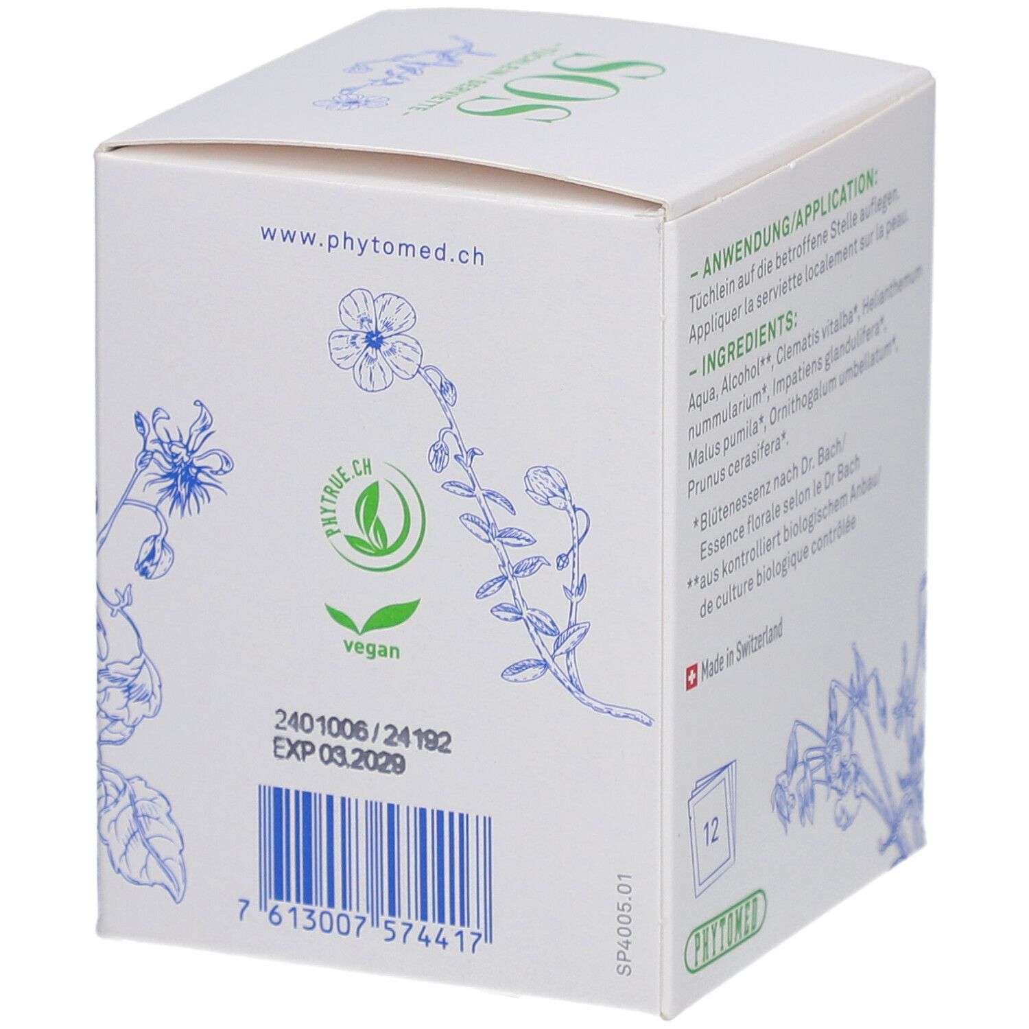 Weiße Schachtel mit grüner Aufschrift SOS. Blütenessenzen-Servietten. Schweizer Kreuz. 12 Stück. Phytomed.