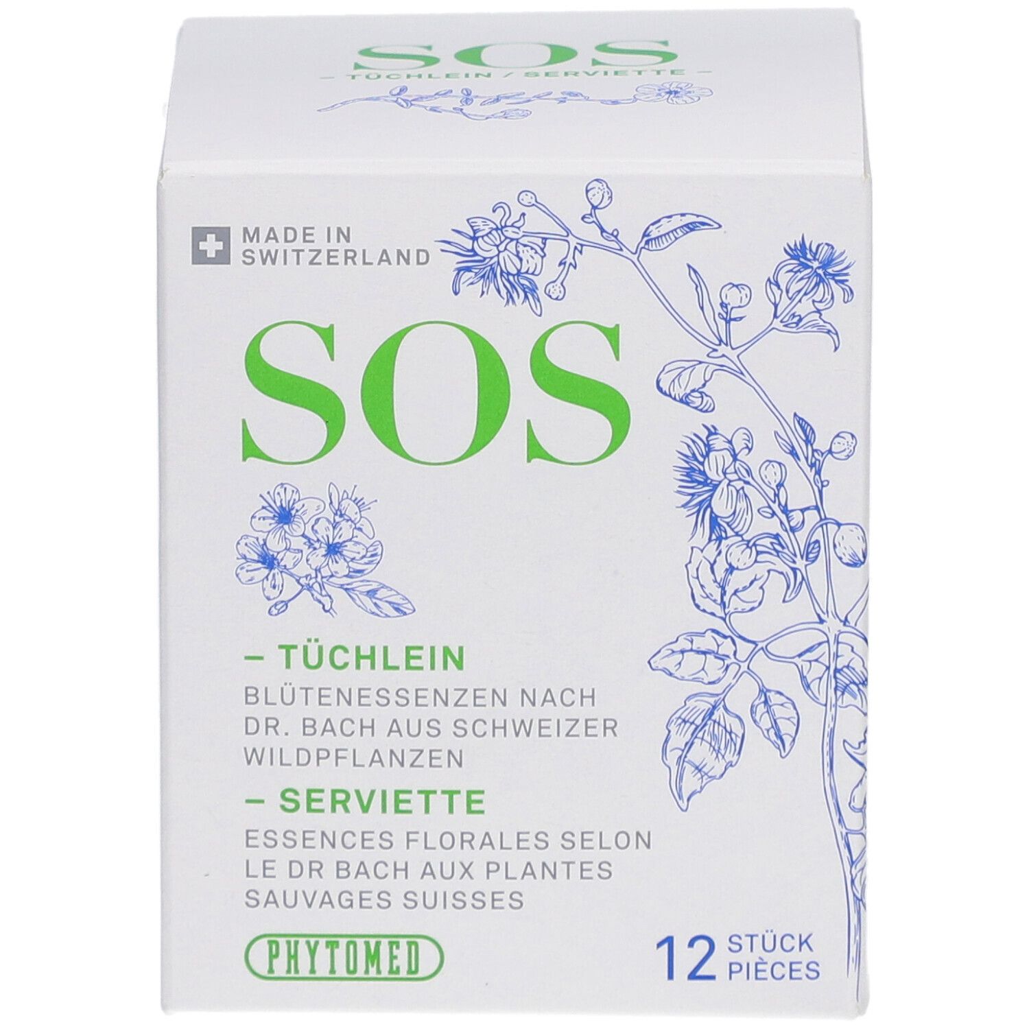 Weiße Schachtel mit grüner Aufschrift SOS. Blütenessenzen-Servietten. Schweizer Kreuz. 12 Stück. Phytomed.