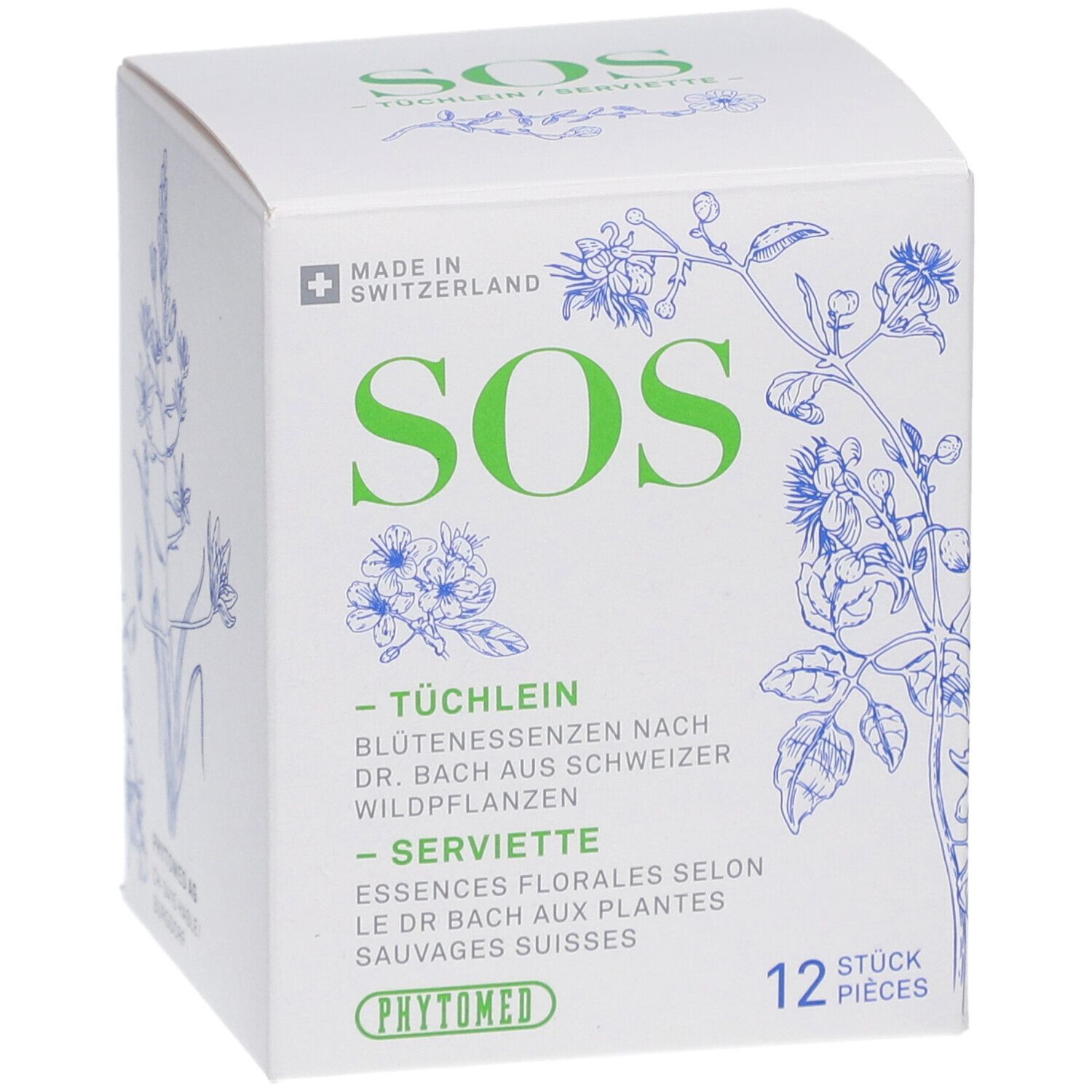 Weiße Schachtel mit grüner Aufschrift SOS. Blütenessenzen-Servietten. Schweizer Kreuz. 12 Stück. Phytomed.