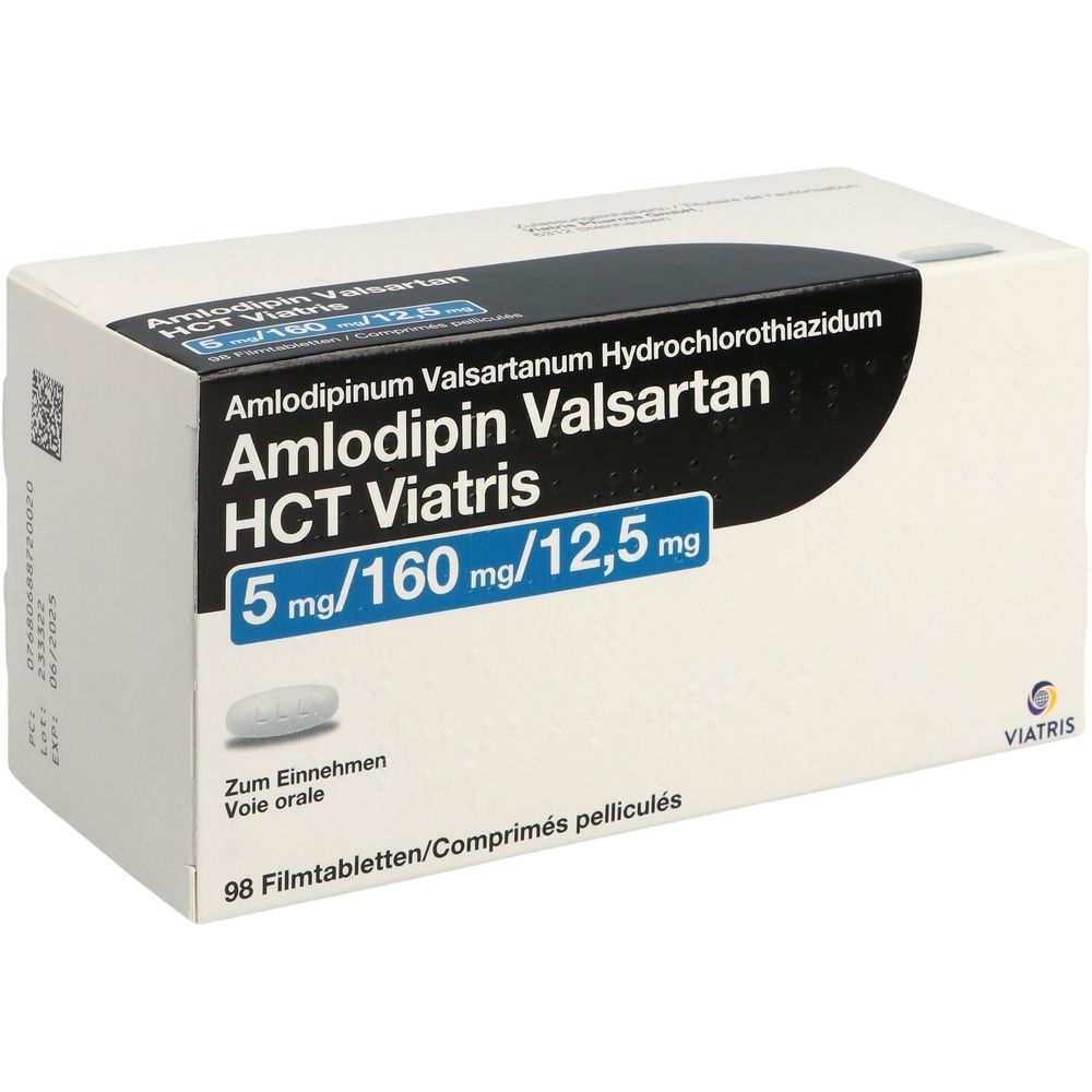 Boîte de médicament. Inscription : Amlodipine Valsartan HCT Viatris 5 mg/160 mg/12,5 mg. Contient 98 comprimés pelliculés.