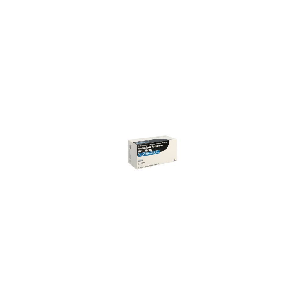 Karton AMLODIPIN VALSARTAN HCT Viatris. Weißer Karton mit blauen und schwarzen Texten. Produktname und Dosierung sichtbar.