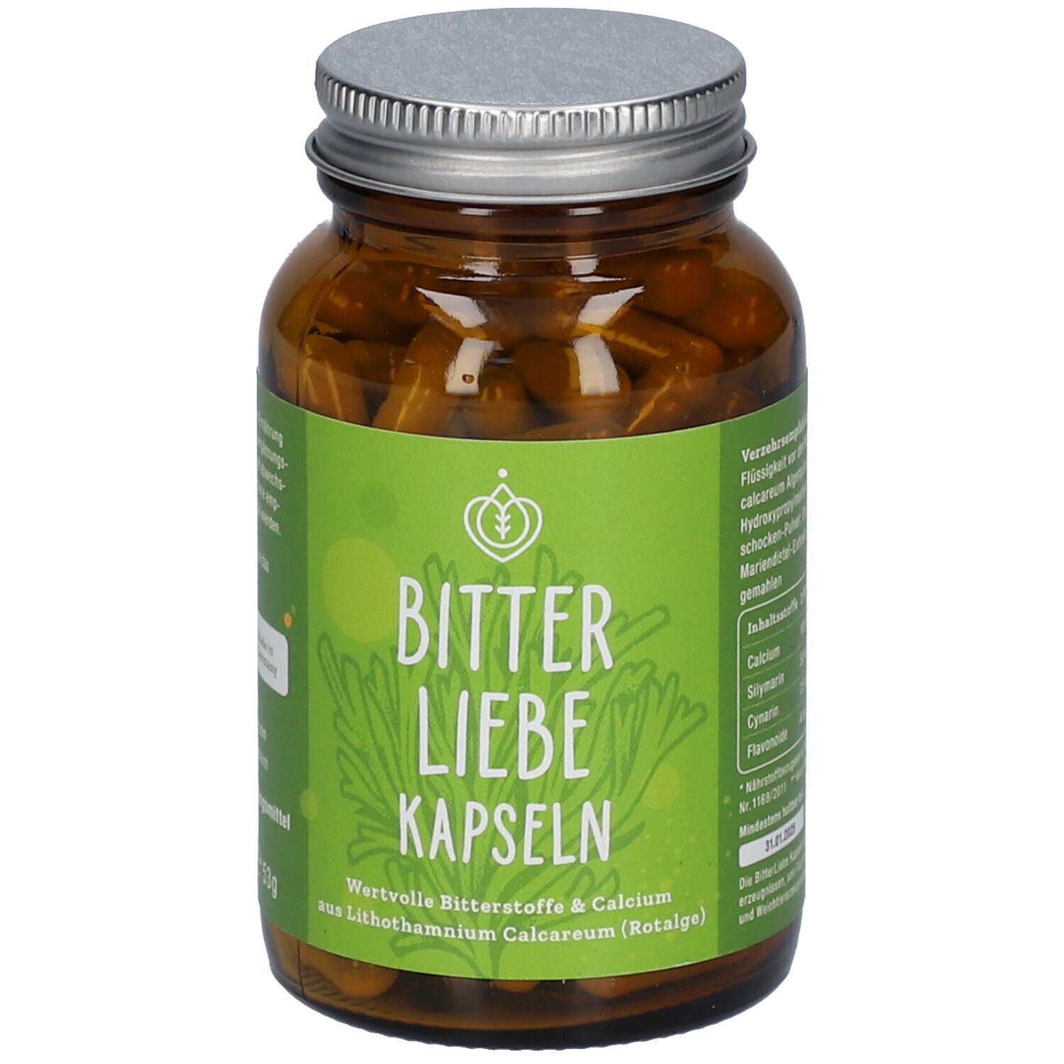 Braune Glasflasche mit Kapseln. Aufschrift: BitterLiebe Kapseln. Grüne Etiketten mit Inhaltsstoffen und Logo.