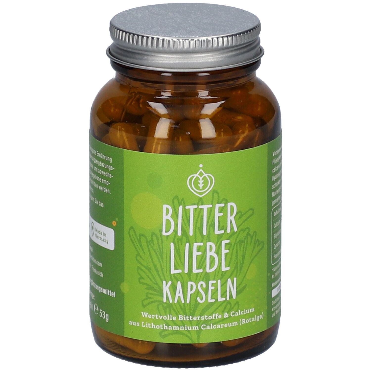 Braune Glasflasche mit Kapseln. Aufschrift: BitterLiebe Kapseln. Grünes Etikett mit Inhaltsstoffen und Logo.