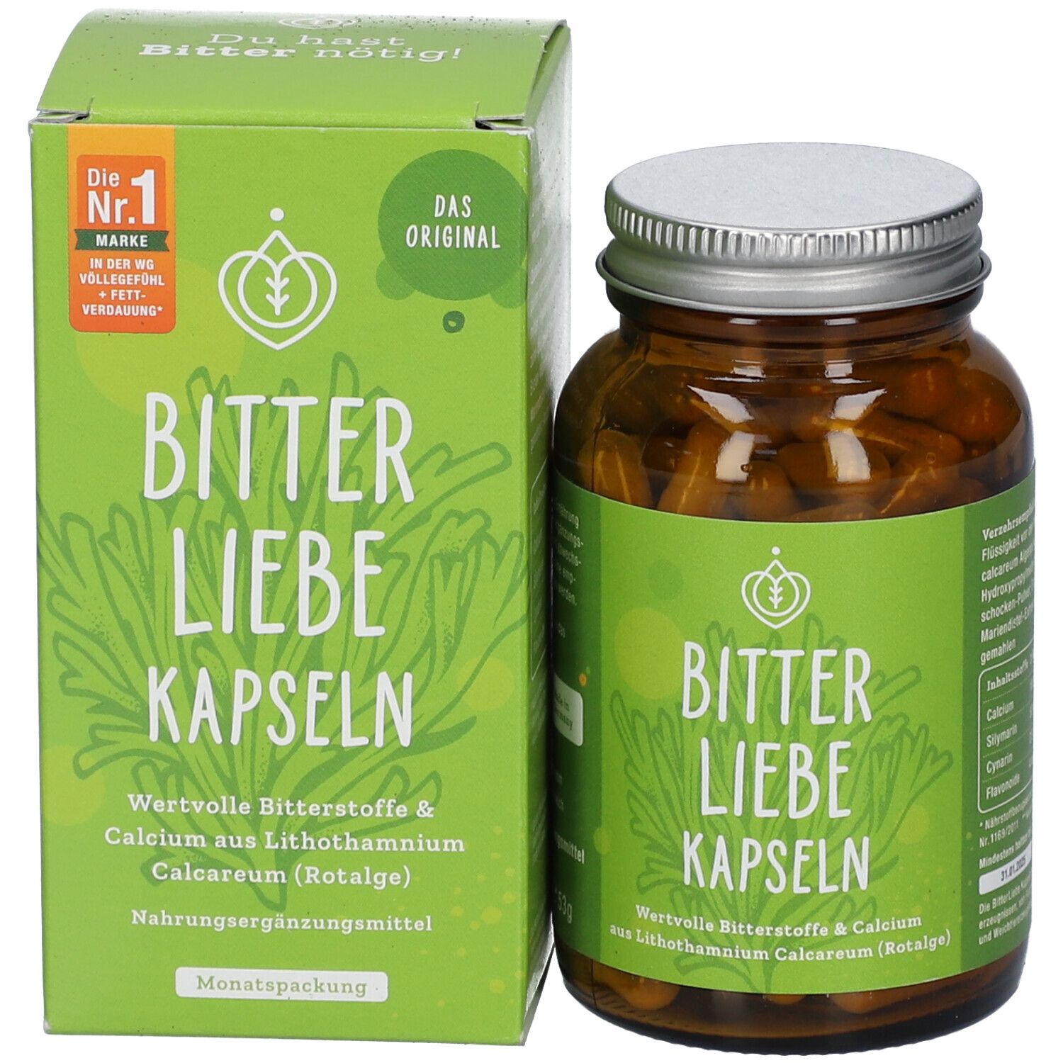 Braune Glasflasche und grüne Schachtel. Aufschrift: BitterLiebe Kapseln. Monatspackung. Logo und Text.