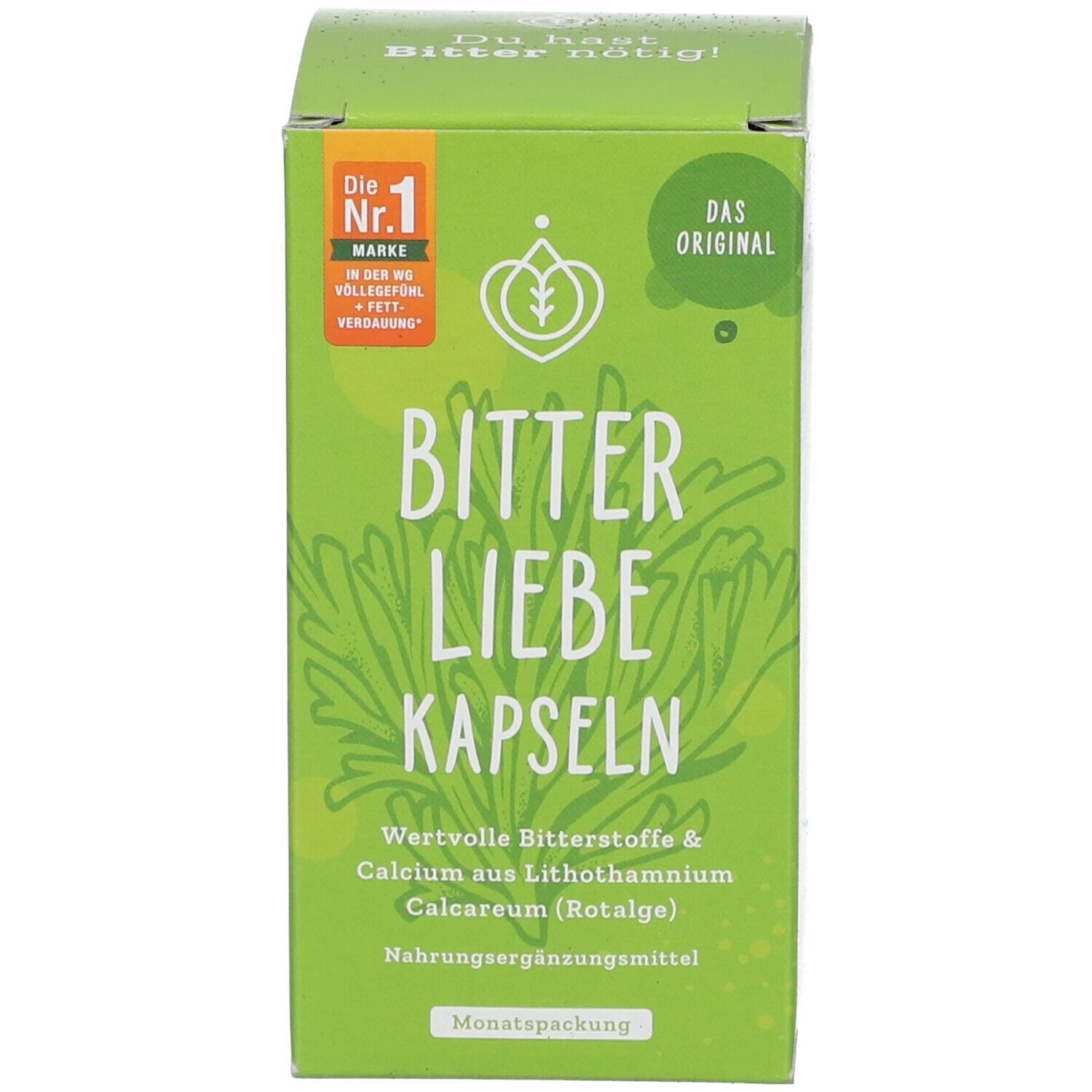 Grüne Schachtel mit Aufschrift: BitterLiebe Kapseln. Monatspackung. Logo und Text. 'Die Nr. 1 Marke'.