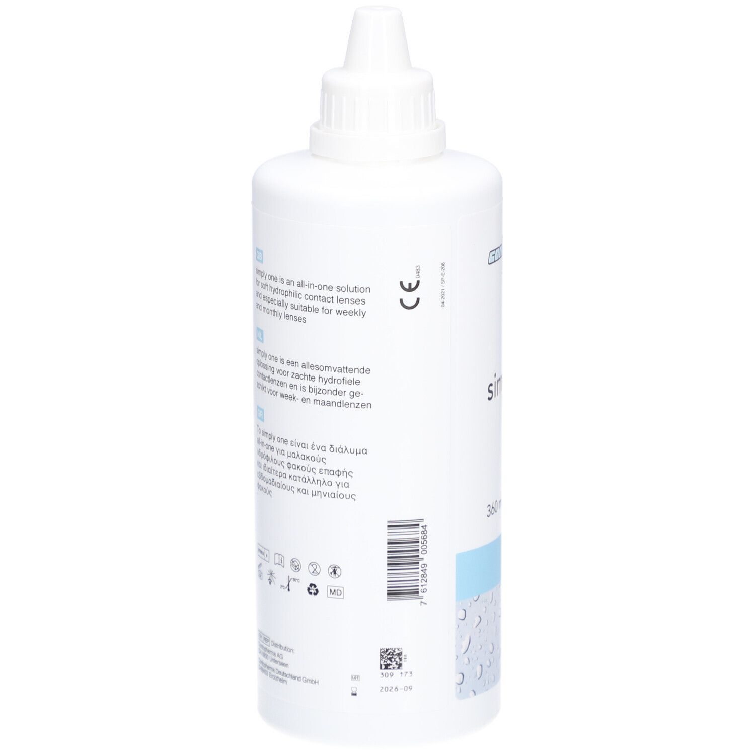 Flacon blanc avec nom et logo du produit. Texte multilingue. 360 ml.