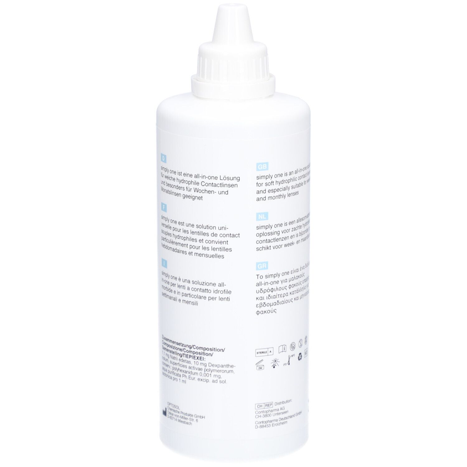 Flacon blanc avec nom et logo du produit. Texte multilingue. 360 ml.