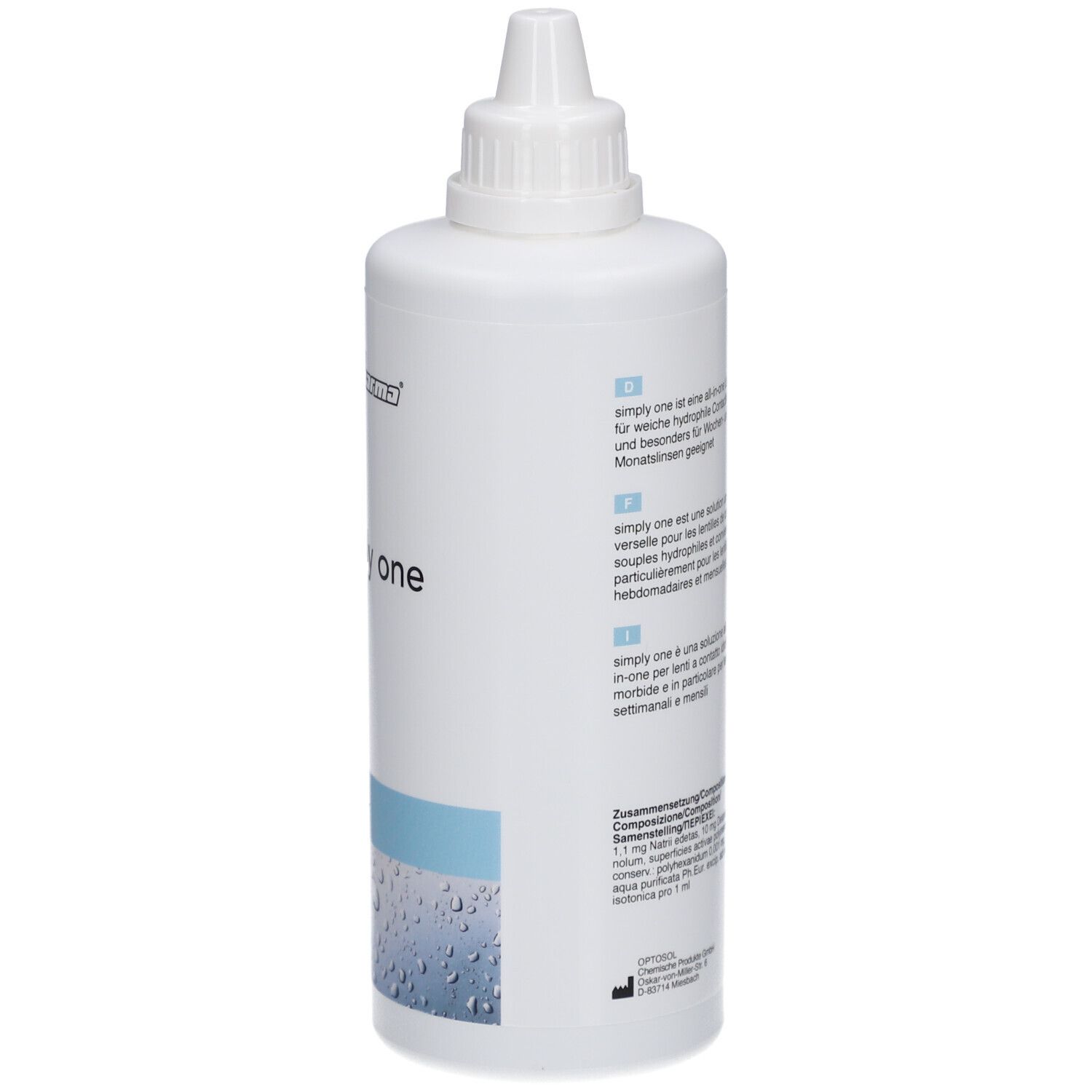 Flacon blanc avec nom et logo du produit. Texte multilingue. 360 ml.