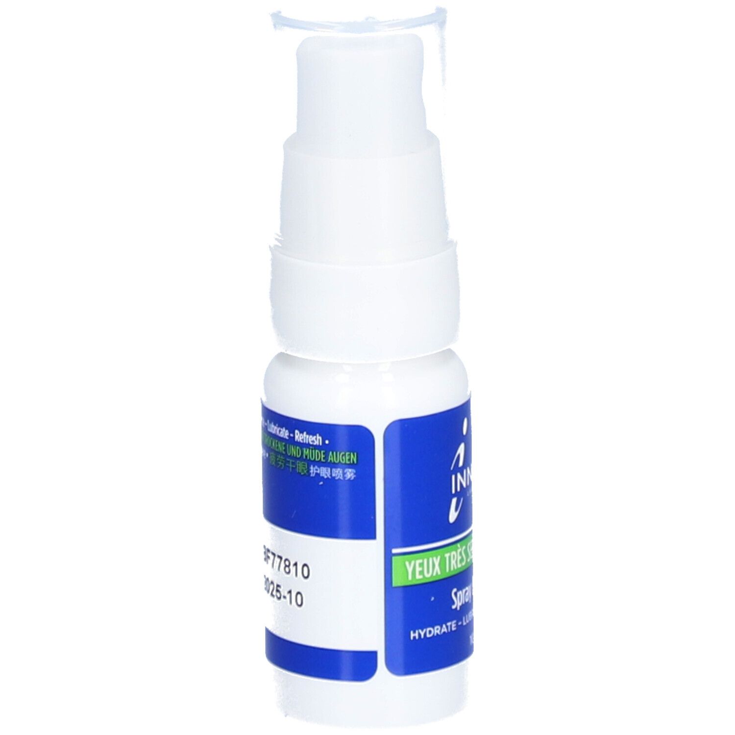 Weißes Augenspray mit blauem Etikett. Aufschrift: INNOXA, Augen, Spray. Rückseite mit Text.