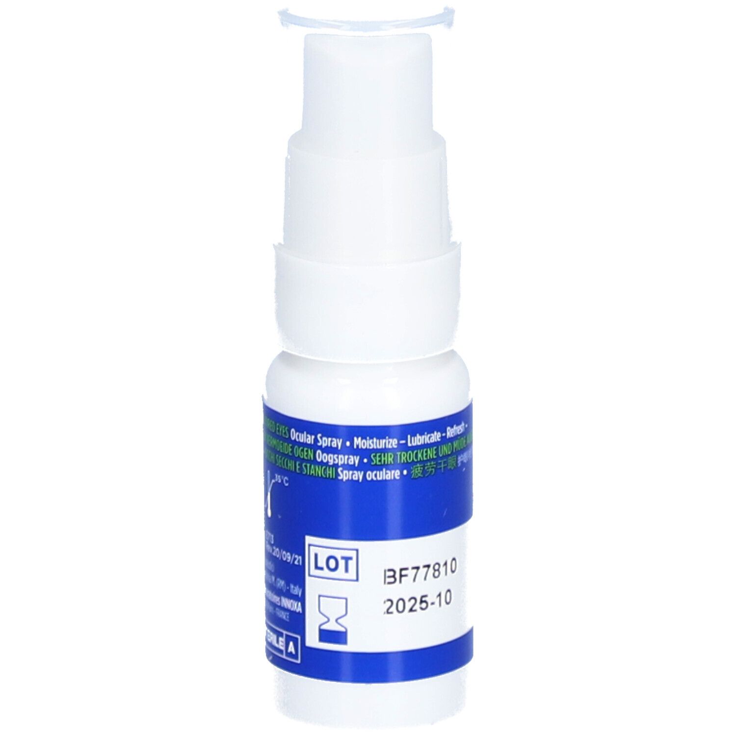 Weißes Augenspray mit blauem Etikett. Aufschrift: INNOXA, Augen, Spray. Rückseite mit Text und LOT-Nummer.