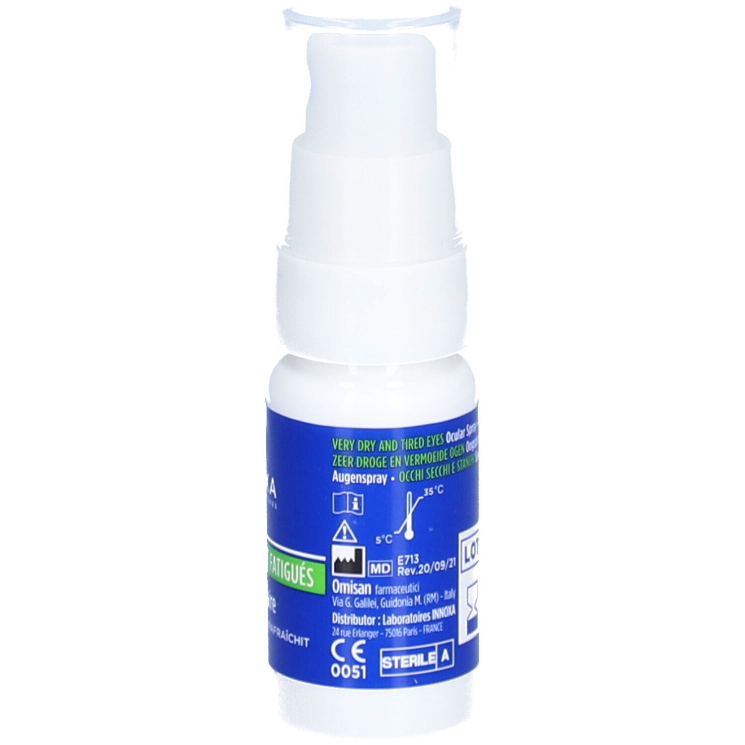 Weißes Augenspray mit blauem Etikett. Aufschrift: INNOXA, Augen, Spray. Rückseite mit Text, LOT-Nummer und Symbolen.