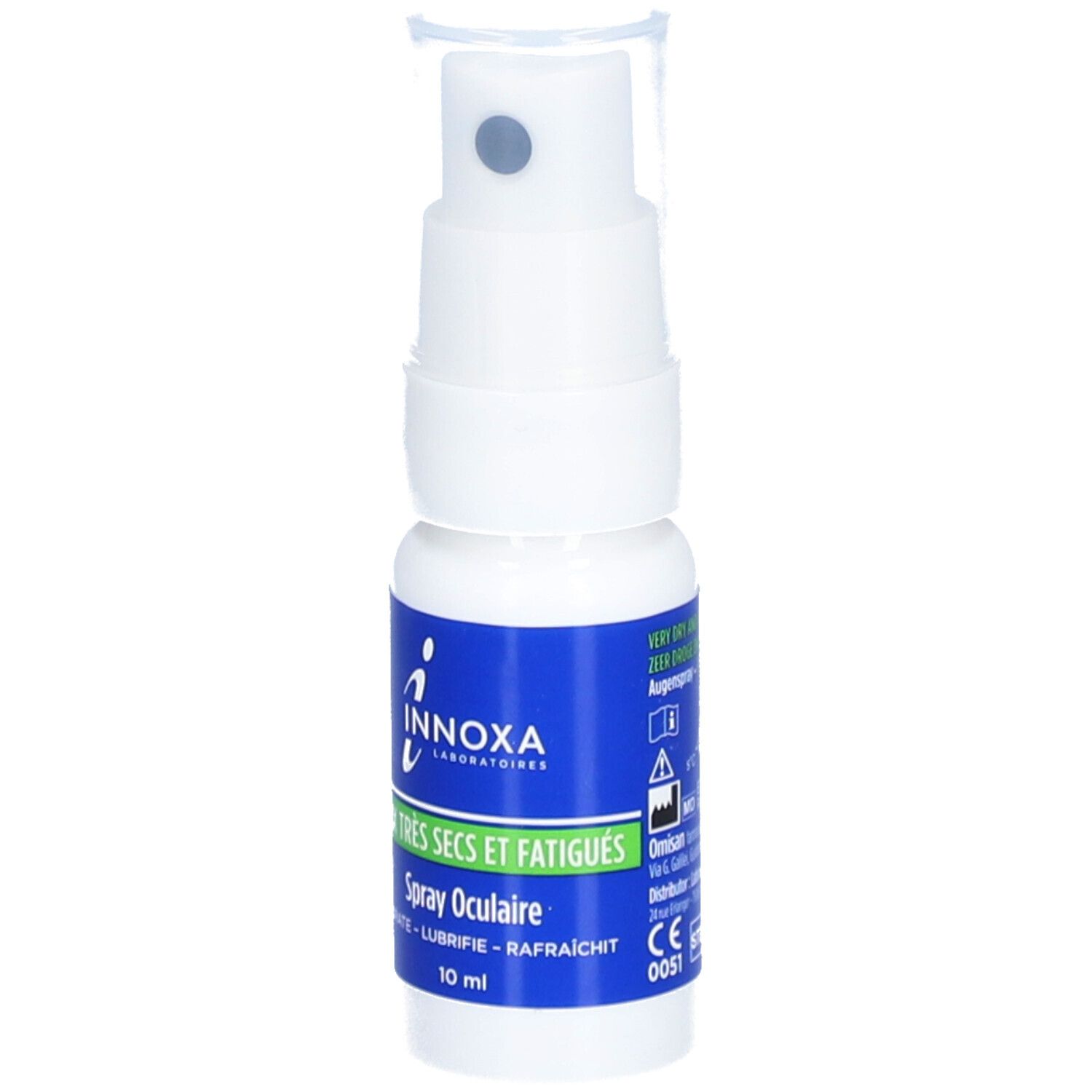 Weißes Augenspray mit blauem Etikett. Aufschrift: INNOXA, Augen, Spray, 10 ml.