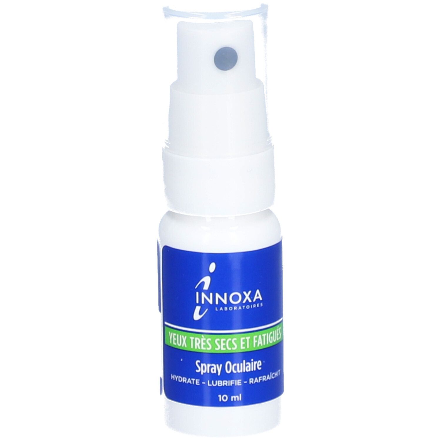 Weißes Augenspray mit blauem Etikett. Aufschrift: INNOXA, Augen, Spray, 10 ml.