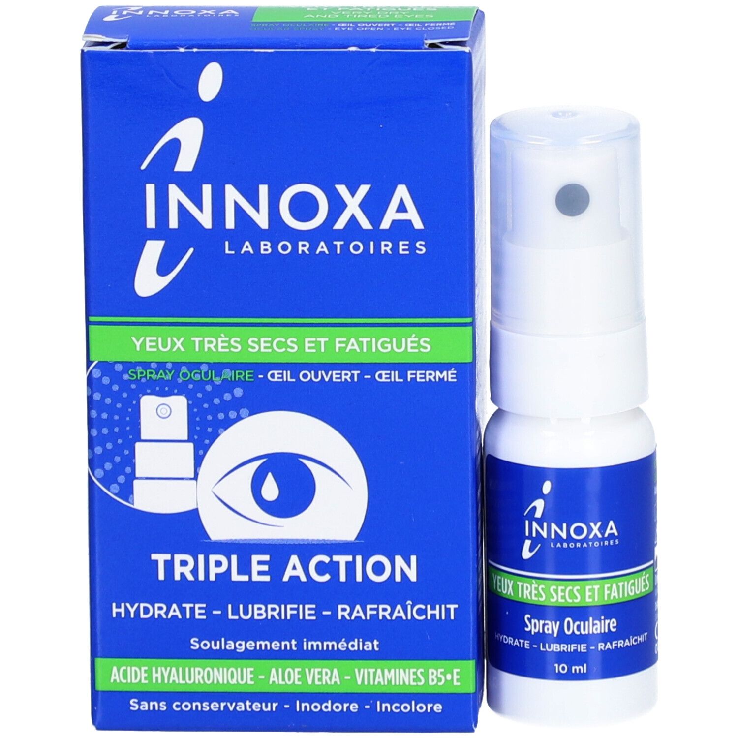 Produktverpackung mit Augenspray. Blaue Schachtel mit INNOXA-Logo und Produktinformationen. Spray daneben.