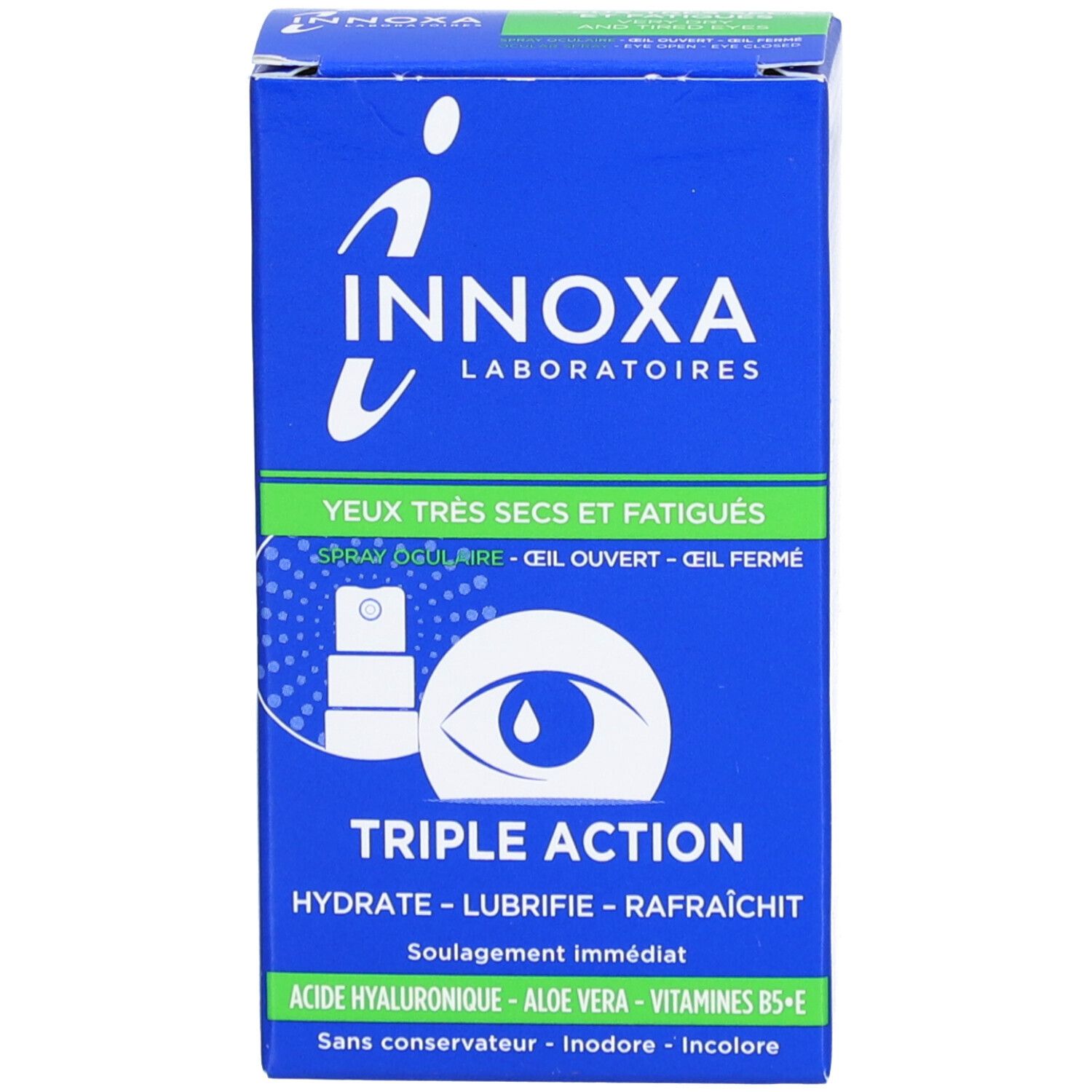 Blaue Produktverpackung. Aufschrift: INNOXA, Augen, Spray. Illustration eines Auges.