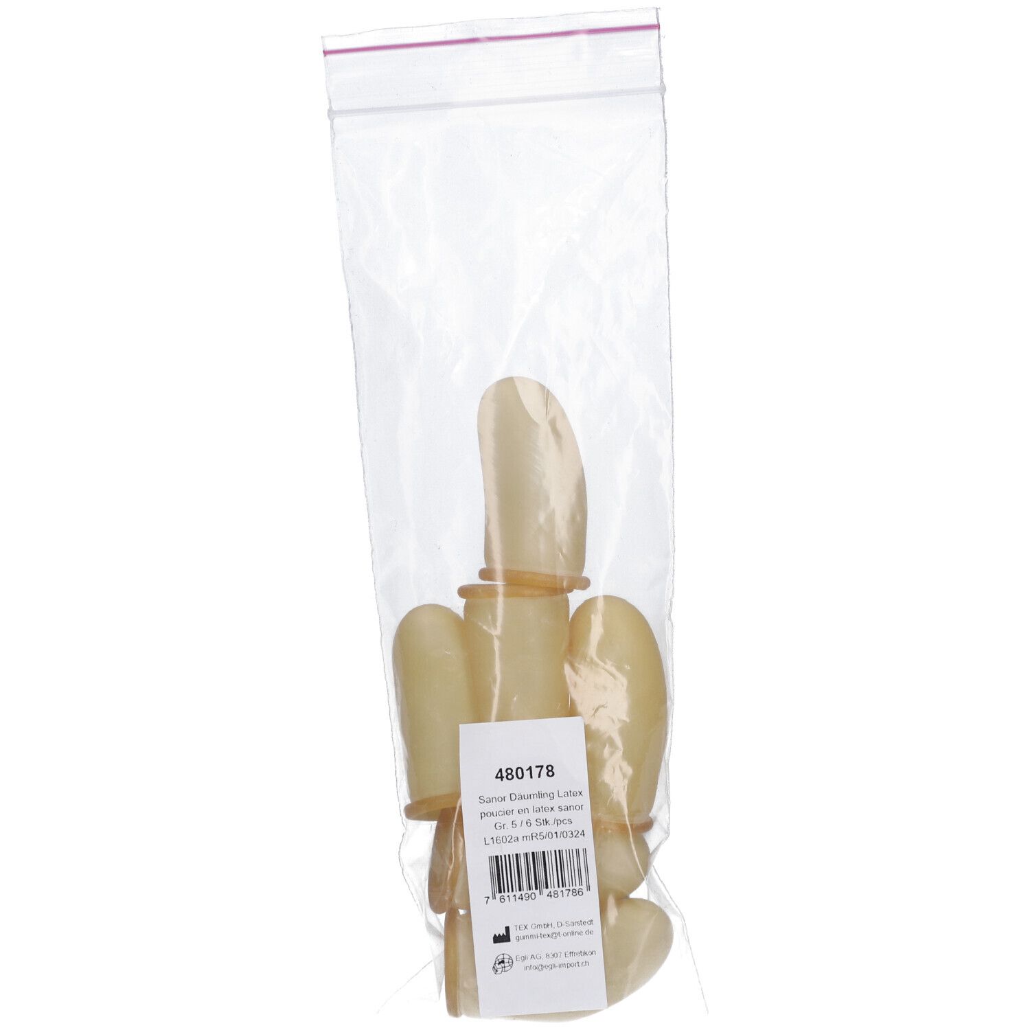 Fingerlinge aus Latex in Plastikverpackung. Beige Farbe. Etikett mit Produktnummer und Barcode.