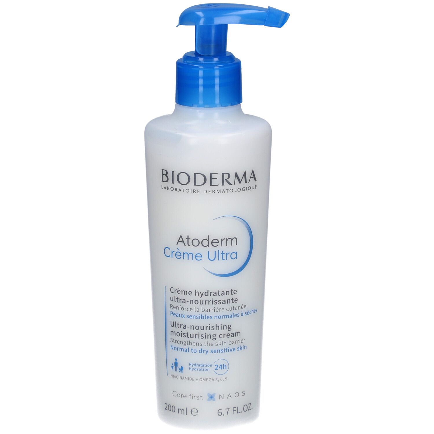 Weiße Flasche mit blauem Pumpkopf. Aufschrift: BIODERMA Atoderm Crème Ultra. Creme für trockene Haut.