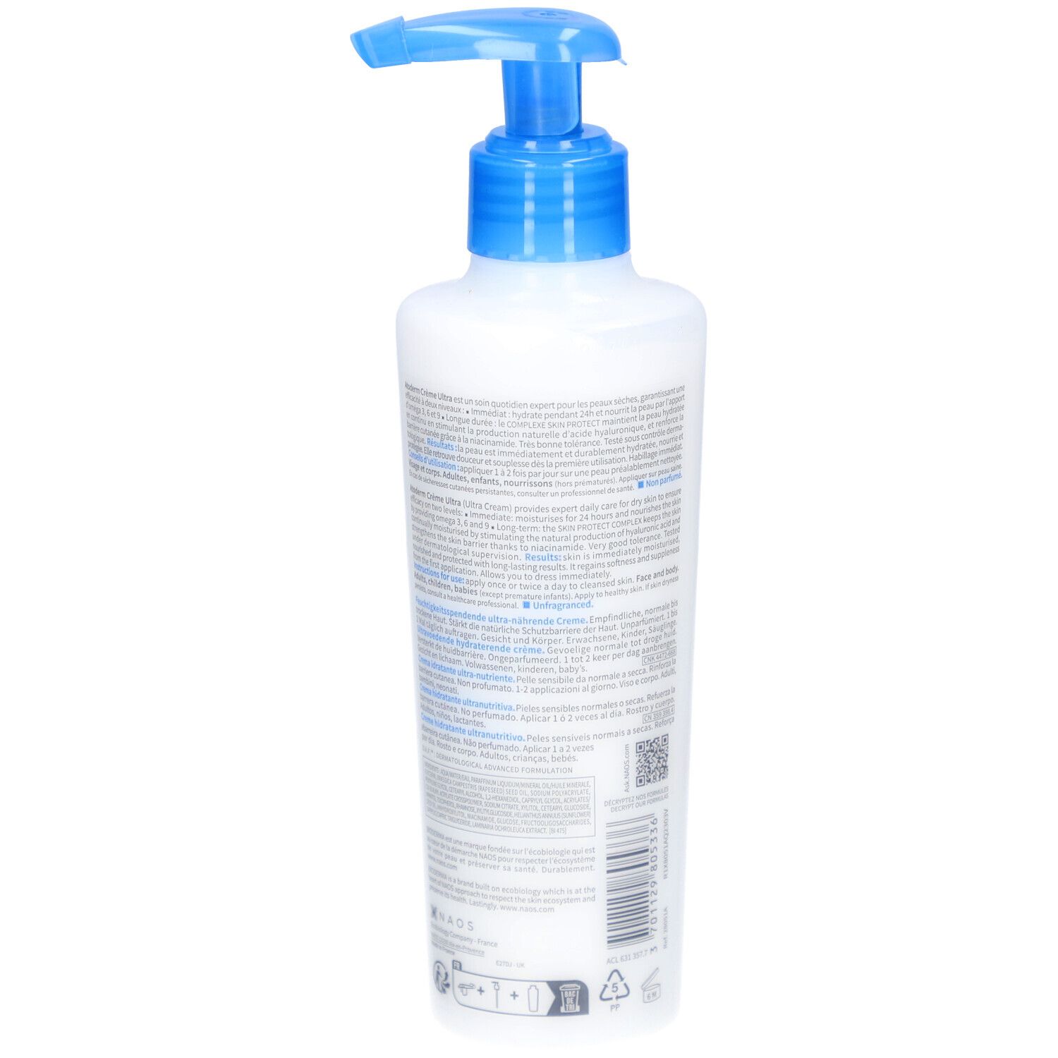 Rückseite einer weißen Flasche mit blauem Pumpkopf. Text und QR-Code. BIODERMA Atoderm Crème Ultra.