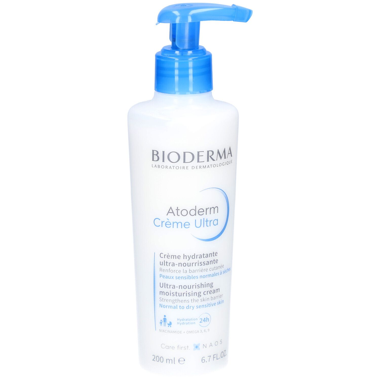 Weiße Flasche mit blauem Pumpkopf. Aufschrift: BIODERMA Atoderm Crème Ultra. Creme für trockene Haut.