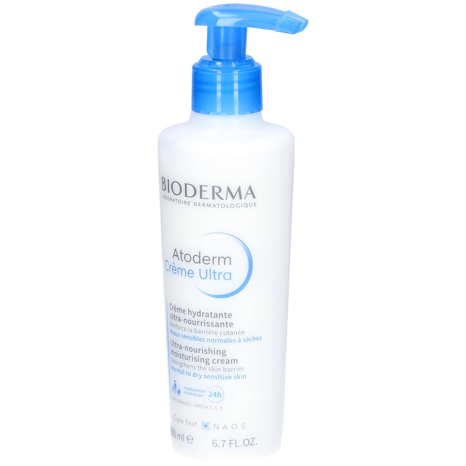 Weiße Flasche mit blauem Pumpkopf. Aufschrift: BIODERMA Atoderm Crème Ultra. Creme für trockene Haut.